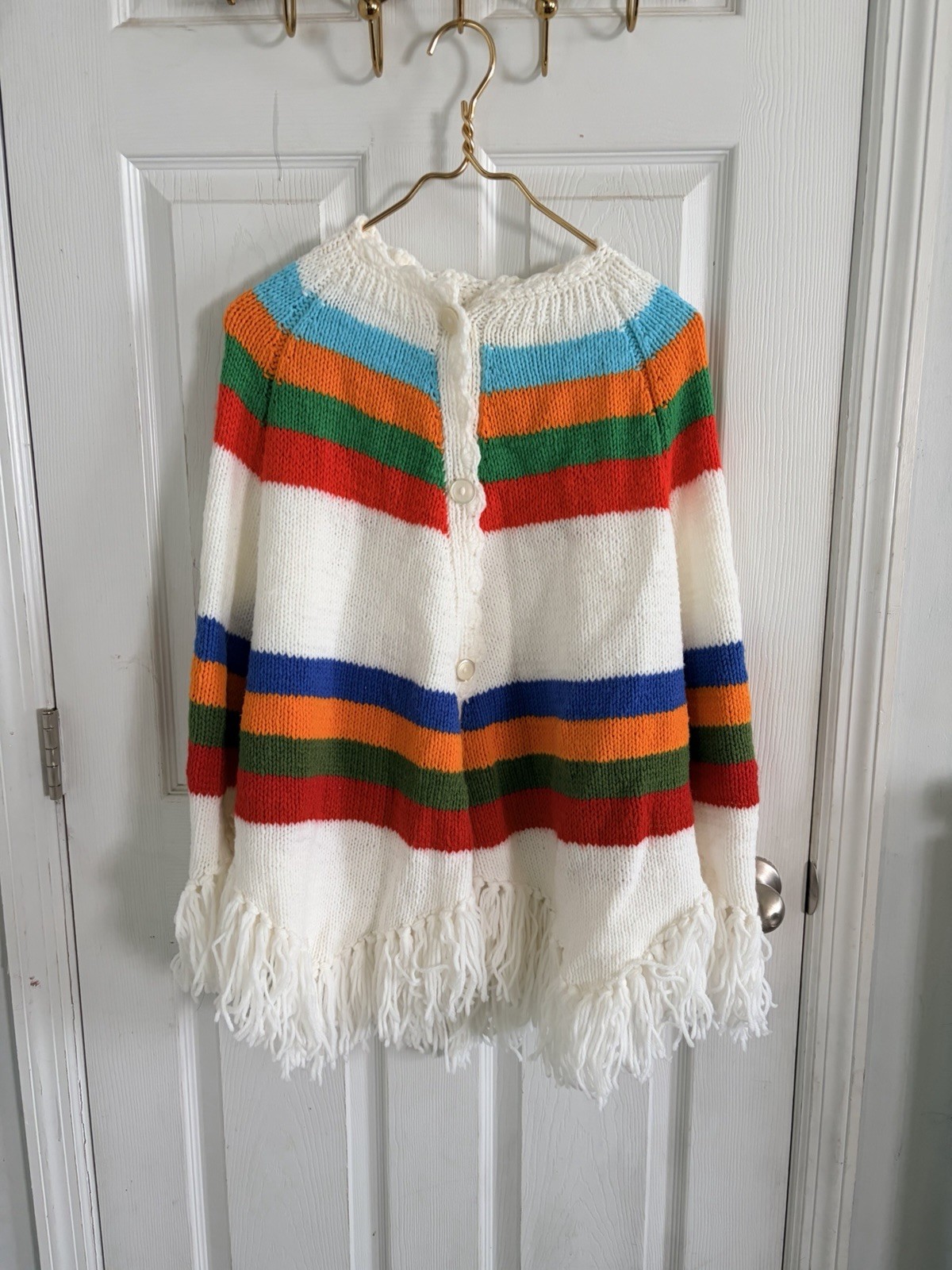 Vintage 70s Handmade Rainbow Poncho with Fringe Boho Hippie