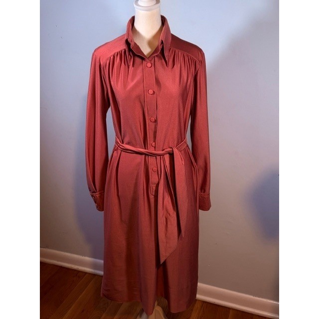 Lanvin Paris NY Vintage 70s Belted Midi Shirt Dress Size 14 Mauve Pink