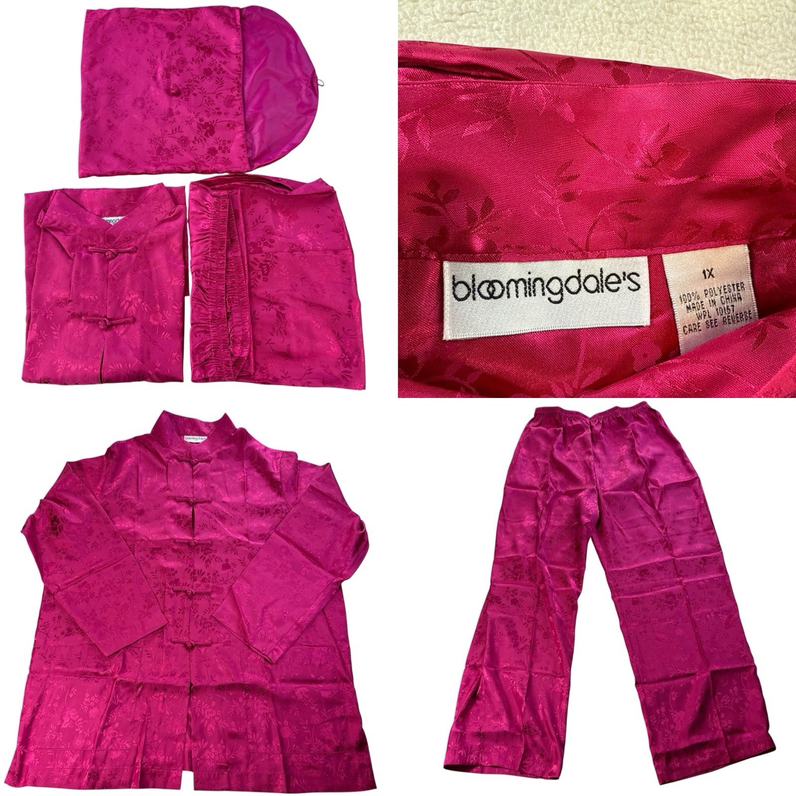New Vtg Bloomingdale’s Oriental 2 Piece Long Sleeve Pajama Set Fuchsia Floral