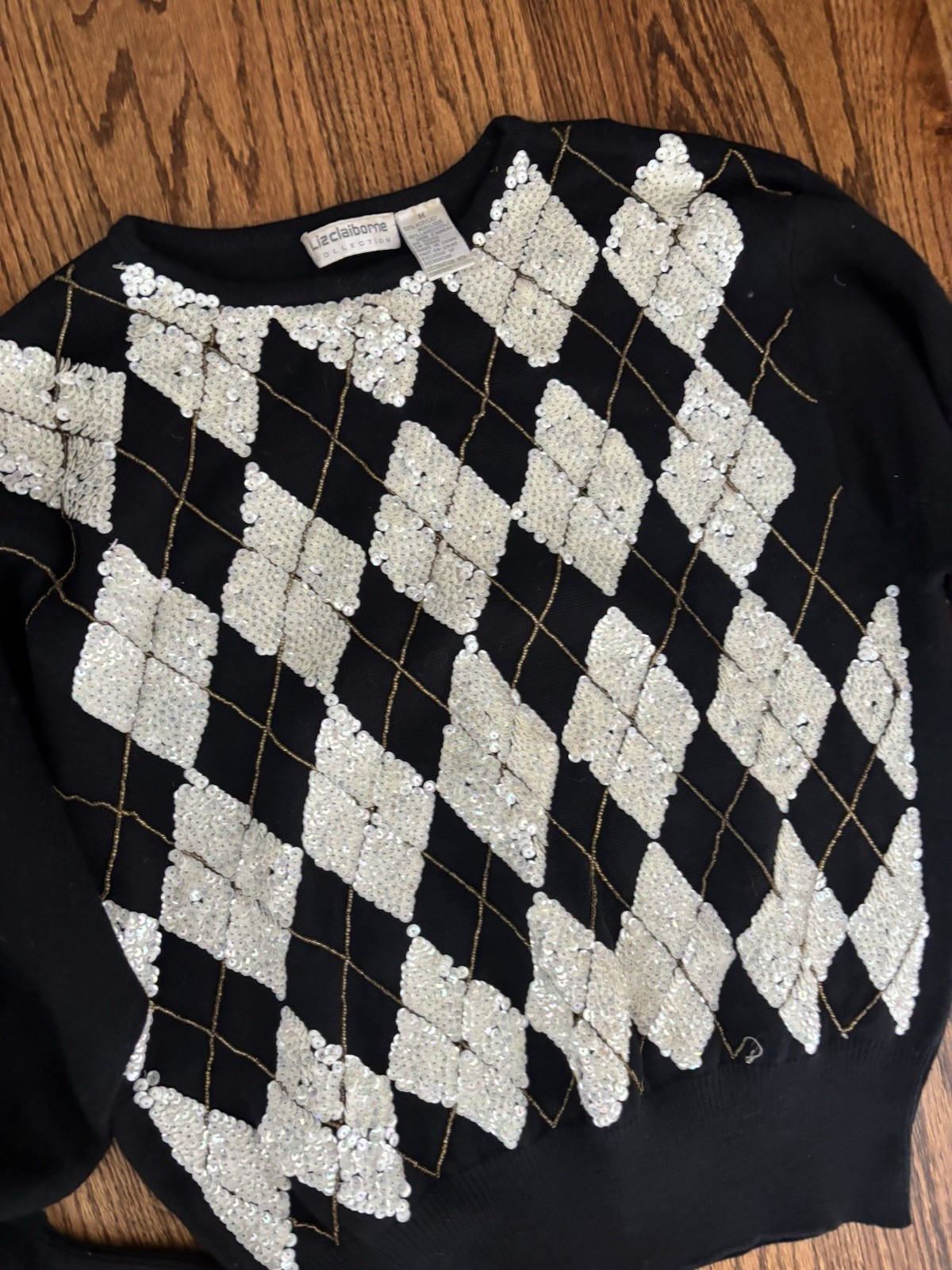 Vintage 1980’s All Over Sequin Trophy Sweater Black White Harlequin Diamond M