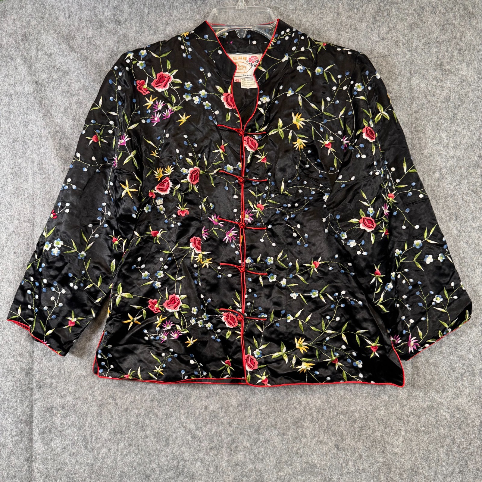 Vtg Peony Brand Shanghai 100% Silk Brocade Chinese Jacket Womens 42 Black Floral