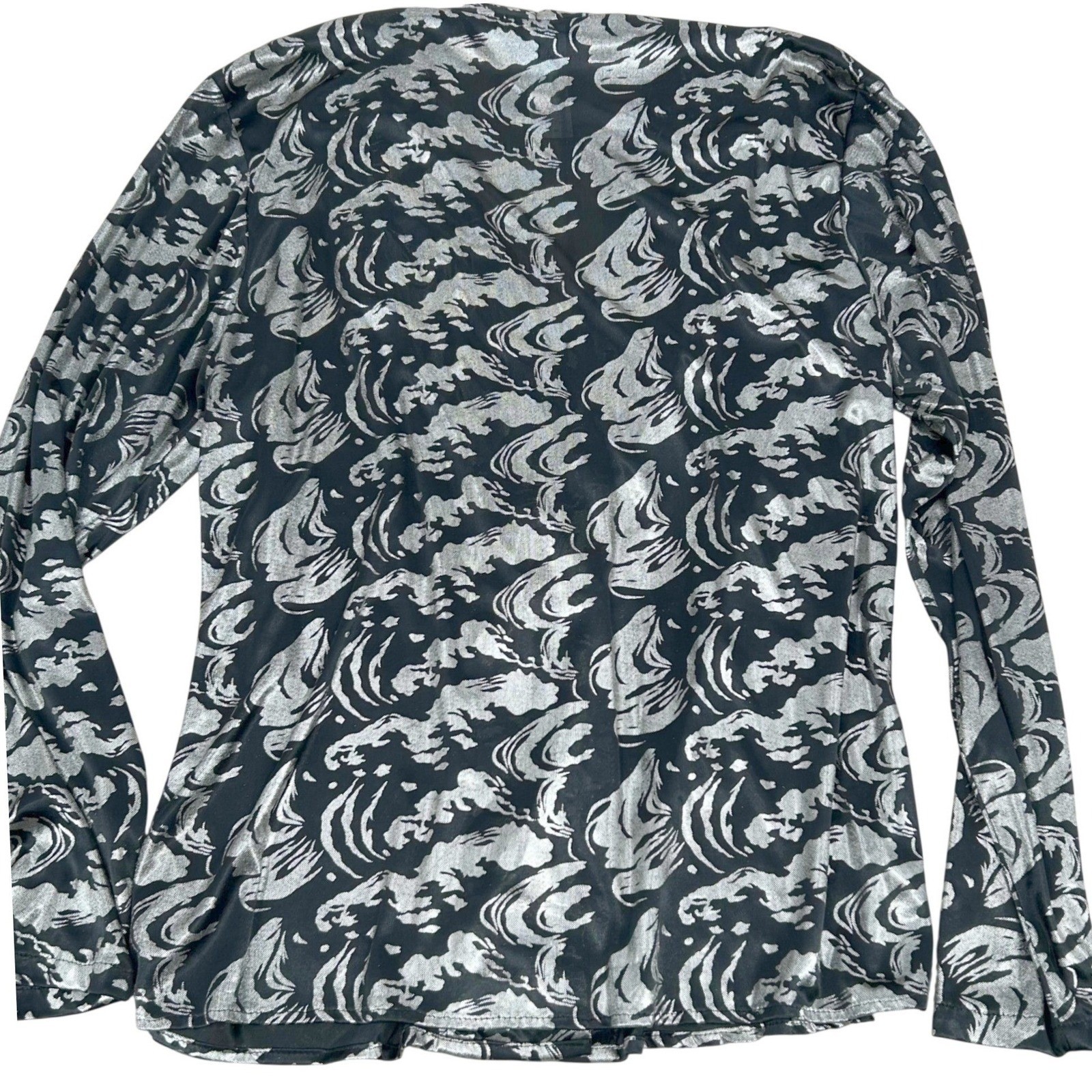 Carry Back Blouse Women 10 Black Silver Metallic Foil Abstract Vintage Glam Top