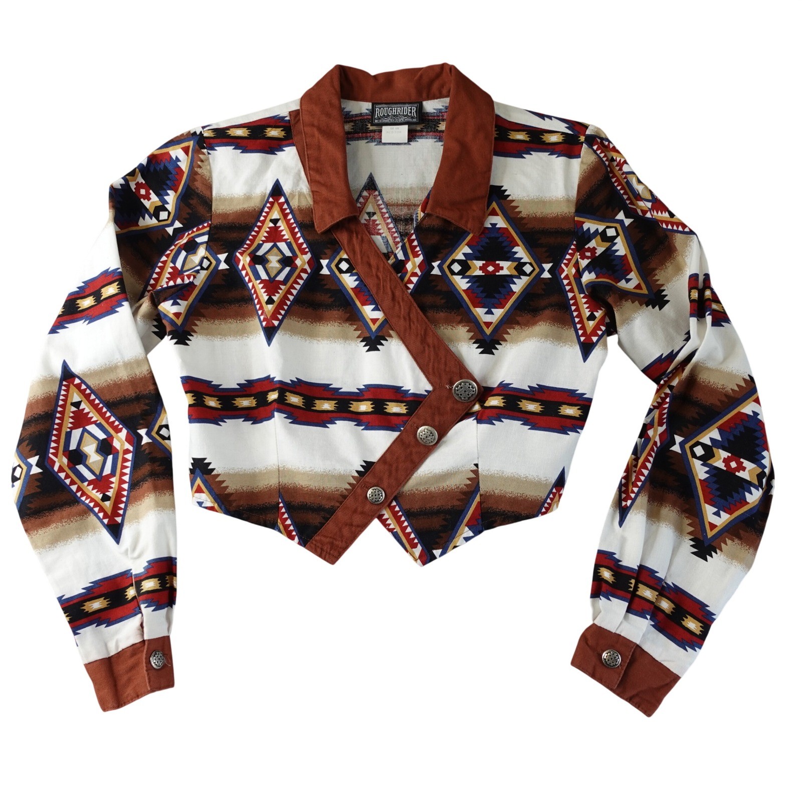 Vintage Roughrider Western Shirt Womens Med Brown Aztec Geometric Crop Top USA
