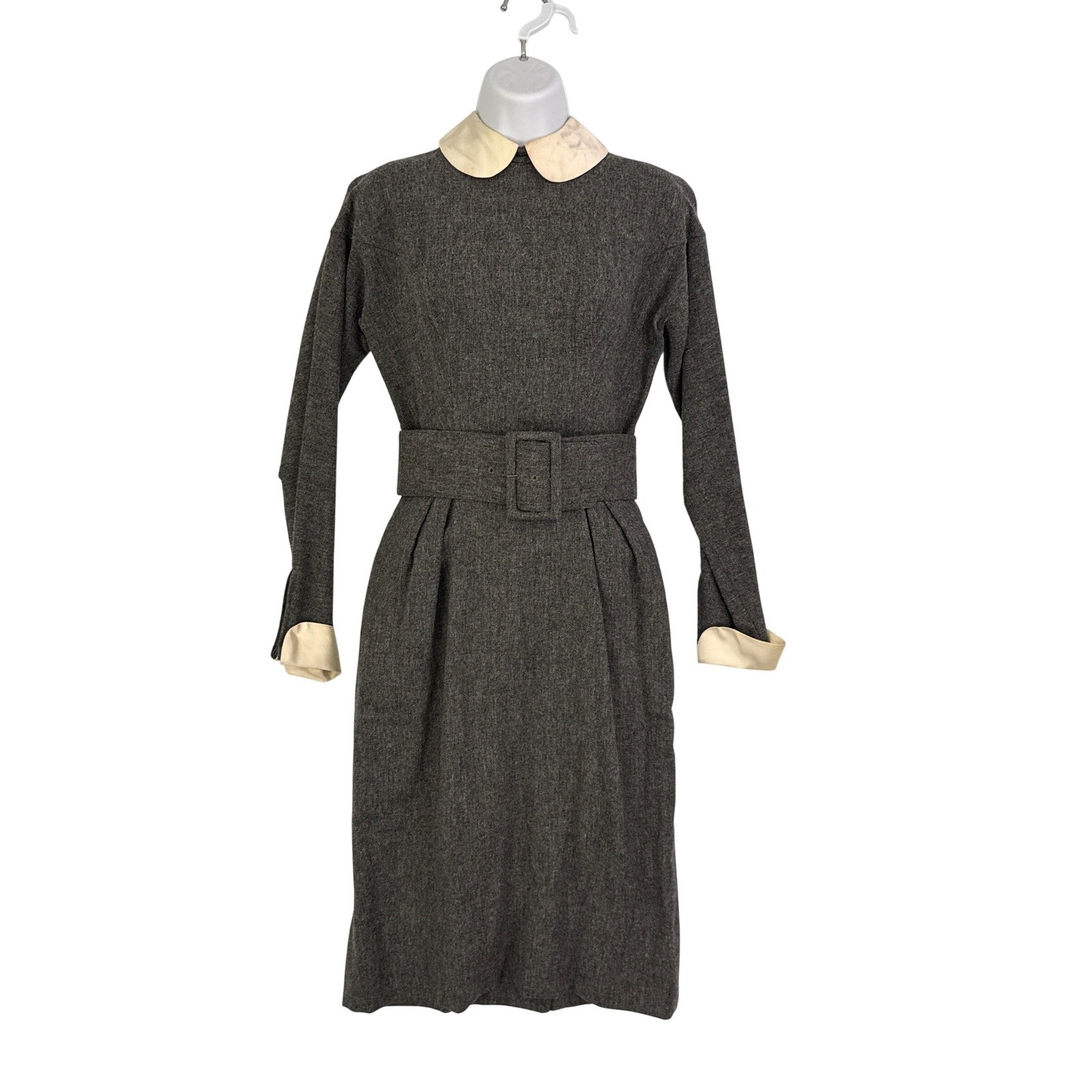 Vintage Mr Mort Grey Sheath Dress Peter Pan Collar Belt 50s 60s 36 bust 24 Waist
