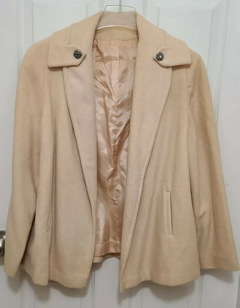 Vintage 60’S Women’s Open Front Coat Jacket Lined Beige Union USA Made Size XL