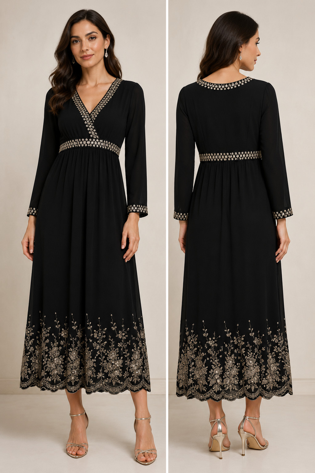 Black V Neck Dress Printed Hem 3/4 Sleeve Empire Waist Women’s Elegant Size Smal