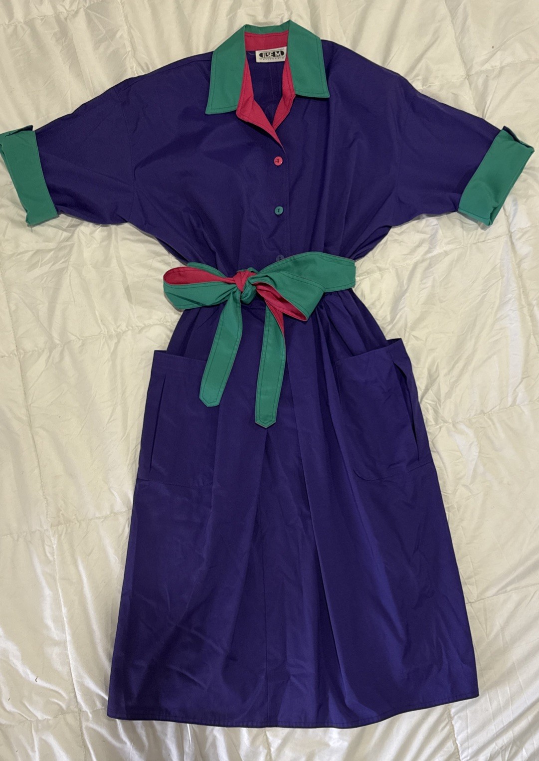 Retro 80’s- 90’s Purple Teal Pink Dress W/ Belt Vintage Prop Isle M. California.
