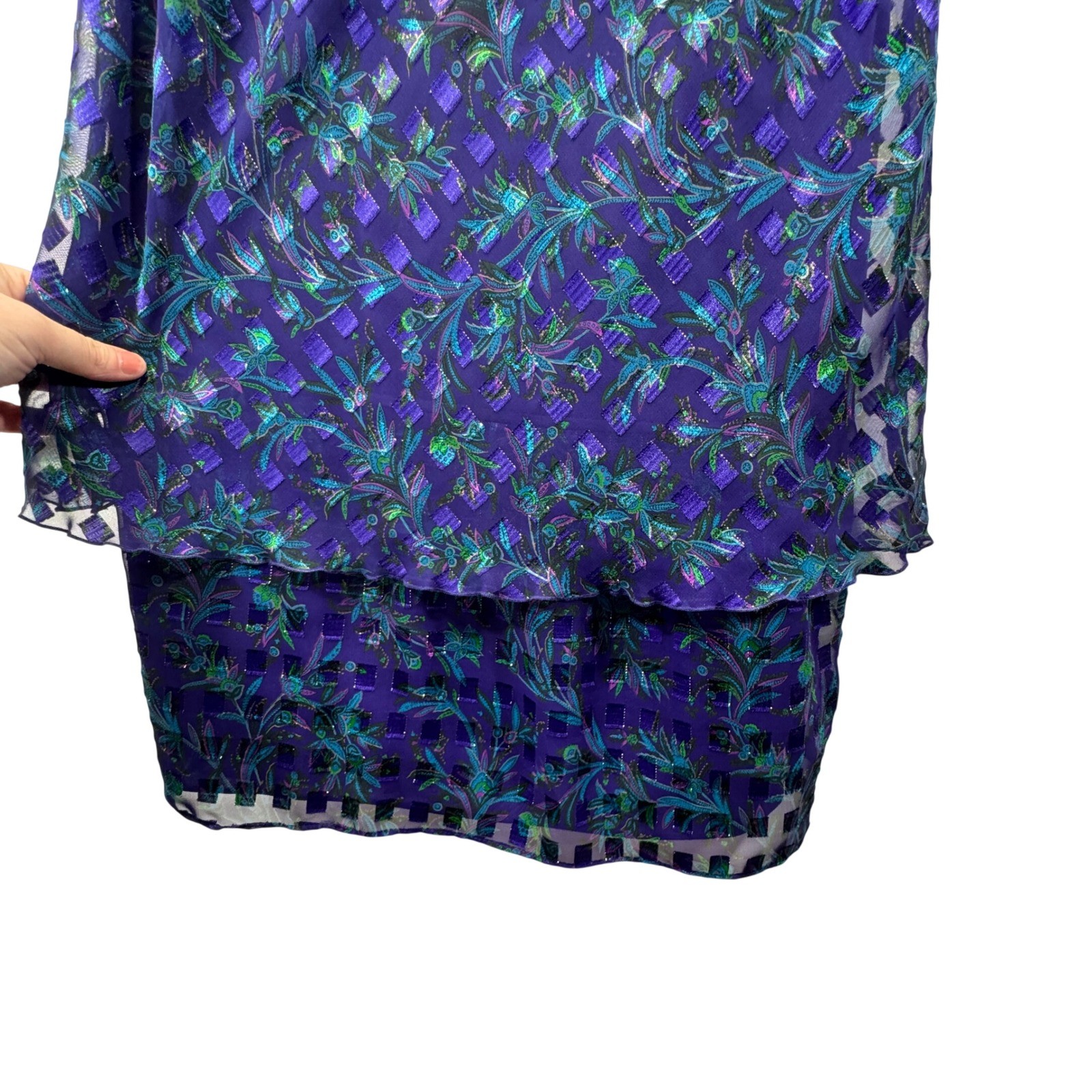 Vintage Patra Petites Sheath Dress Size 16 Purple Floral Sequin Retro 1980s Tank