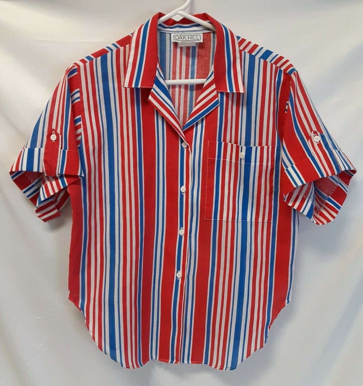 Ladies Retro Vintage Button-Up Striped Shirt Red,White&Blue Summer OAK HILL -USA