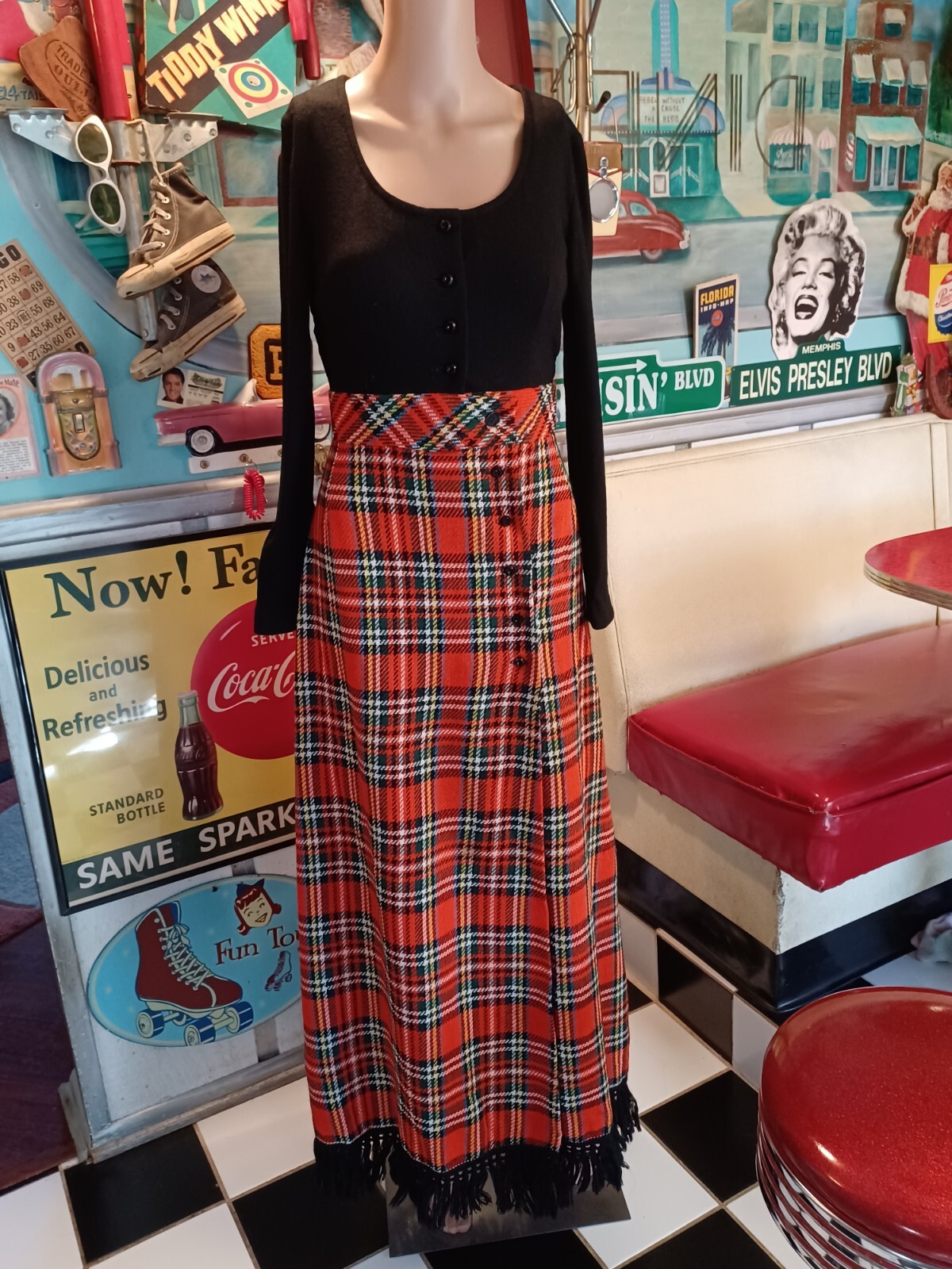 True Vtg Mid-century Mod 1960s 1970s Long Maxi Dress Plaid Scottish Fringe MCM 7