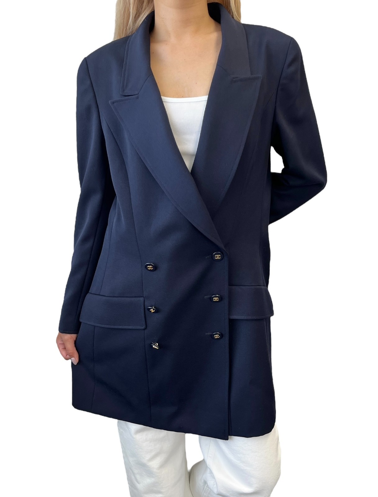 CHANEL Vintage 97P CC Logo Button Blazer Jacket #42 Dark Blue Gold Wool Pocket