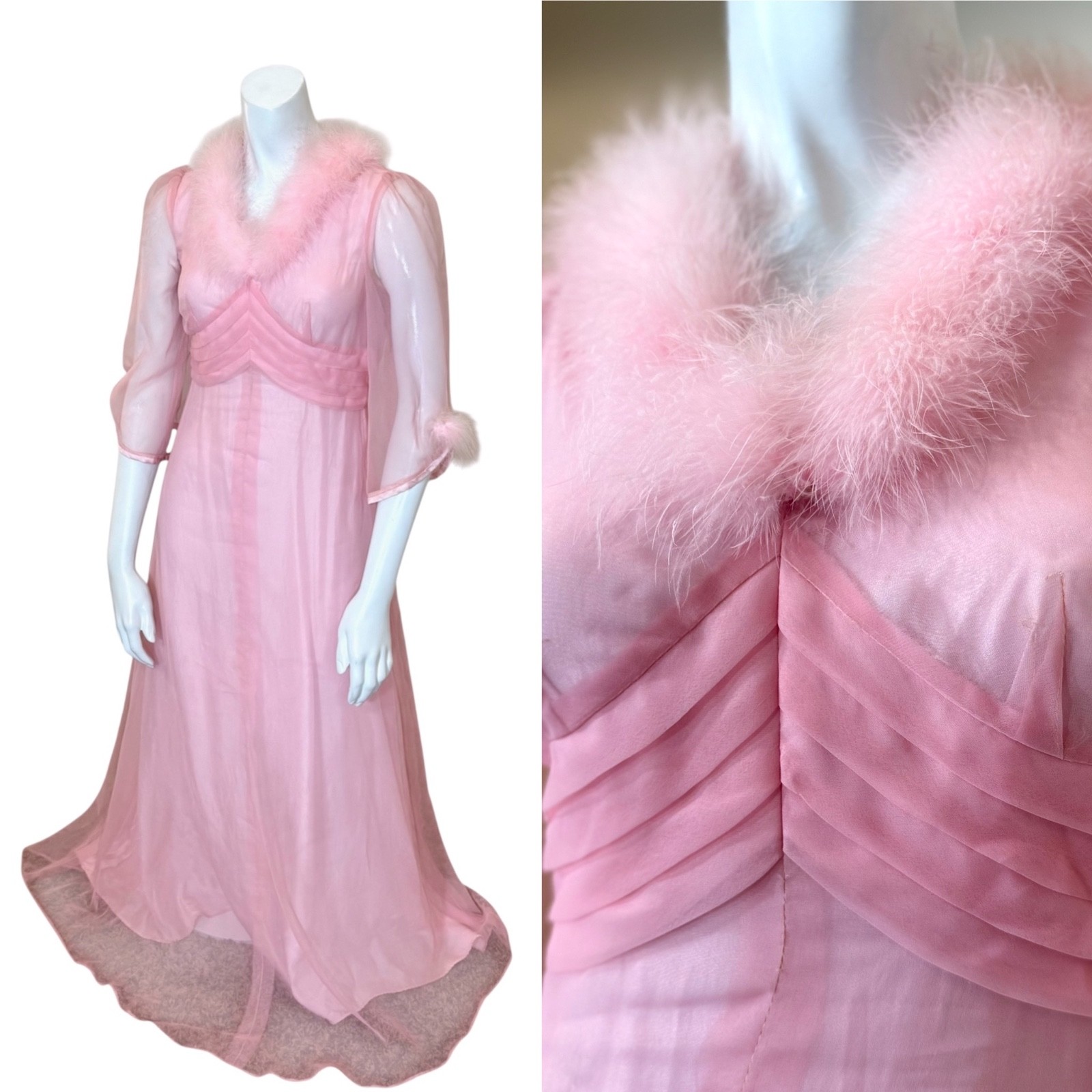 Vintage 60’s CHIFFON HOSTESS DRESS MARIBOU FEATHER S Pink Pleated Gown Party