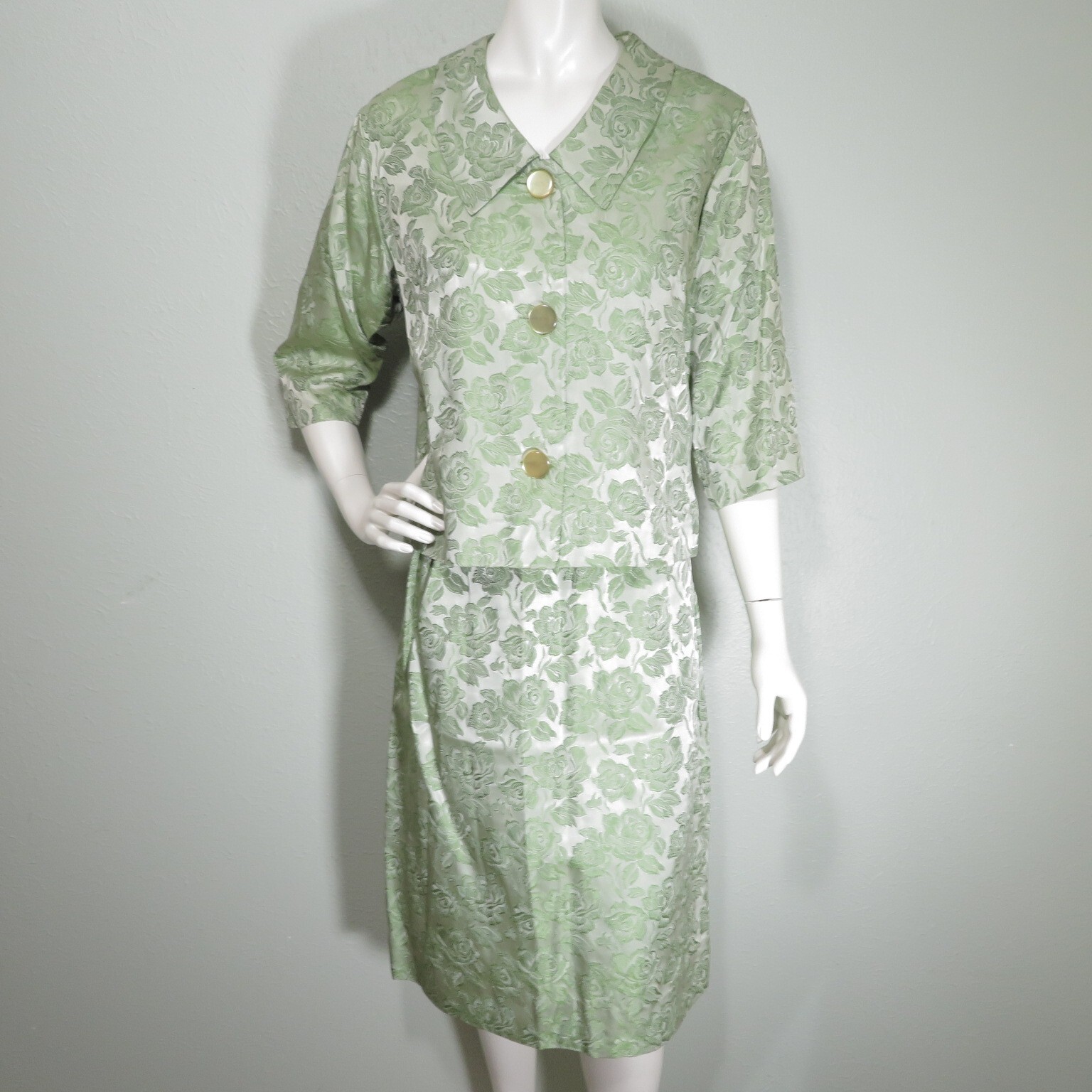 Vintage 1960s Skirt Jacket Set Large Green Floral Brocade Pam Paterson