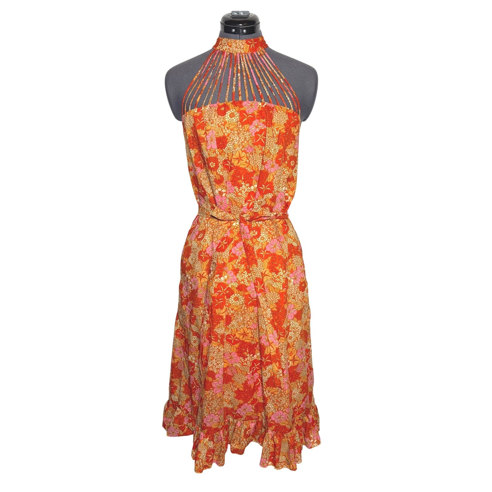 Vtg 60s 70s Floral psychedelic mod Cage Halter Dress Boho 35-36-48 S/M