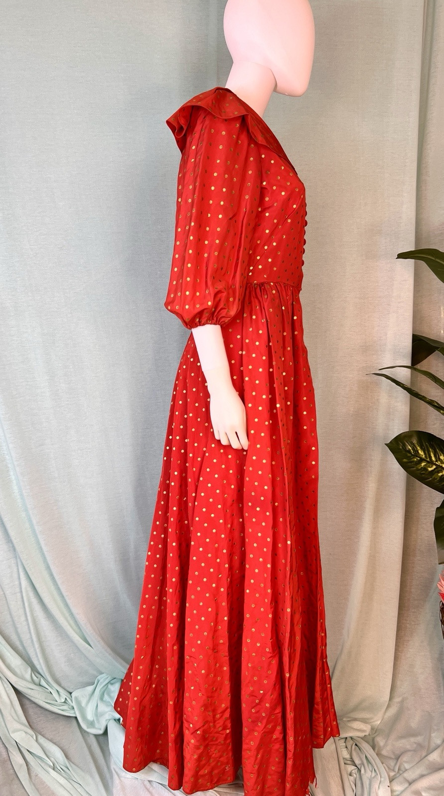 Vintage 1940s Red & Gold Polka Dot Flobert Maxi Formal Dress, 38 bust, 27 waist