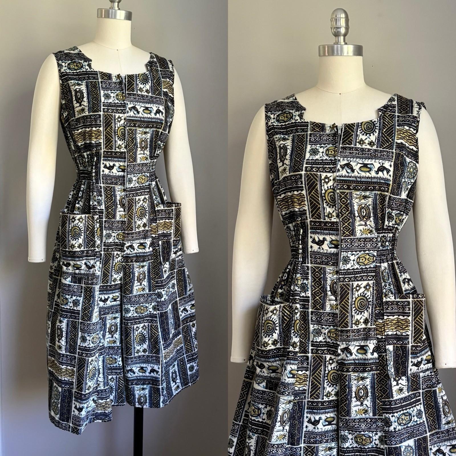 Vintage 50s Print Cotton Solartogs Zip Up Culottes Jumpsuit Romper Playsuit XS/S