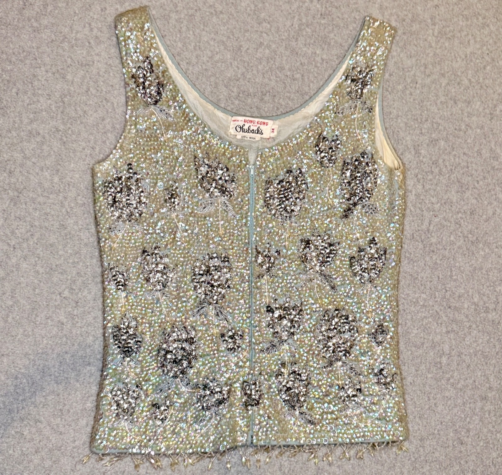 Vintage Ohrbach’s Women’s Beaded & Sequin Zip Up Sleeveless Top, Hong Kong, Wool