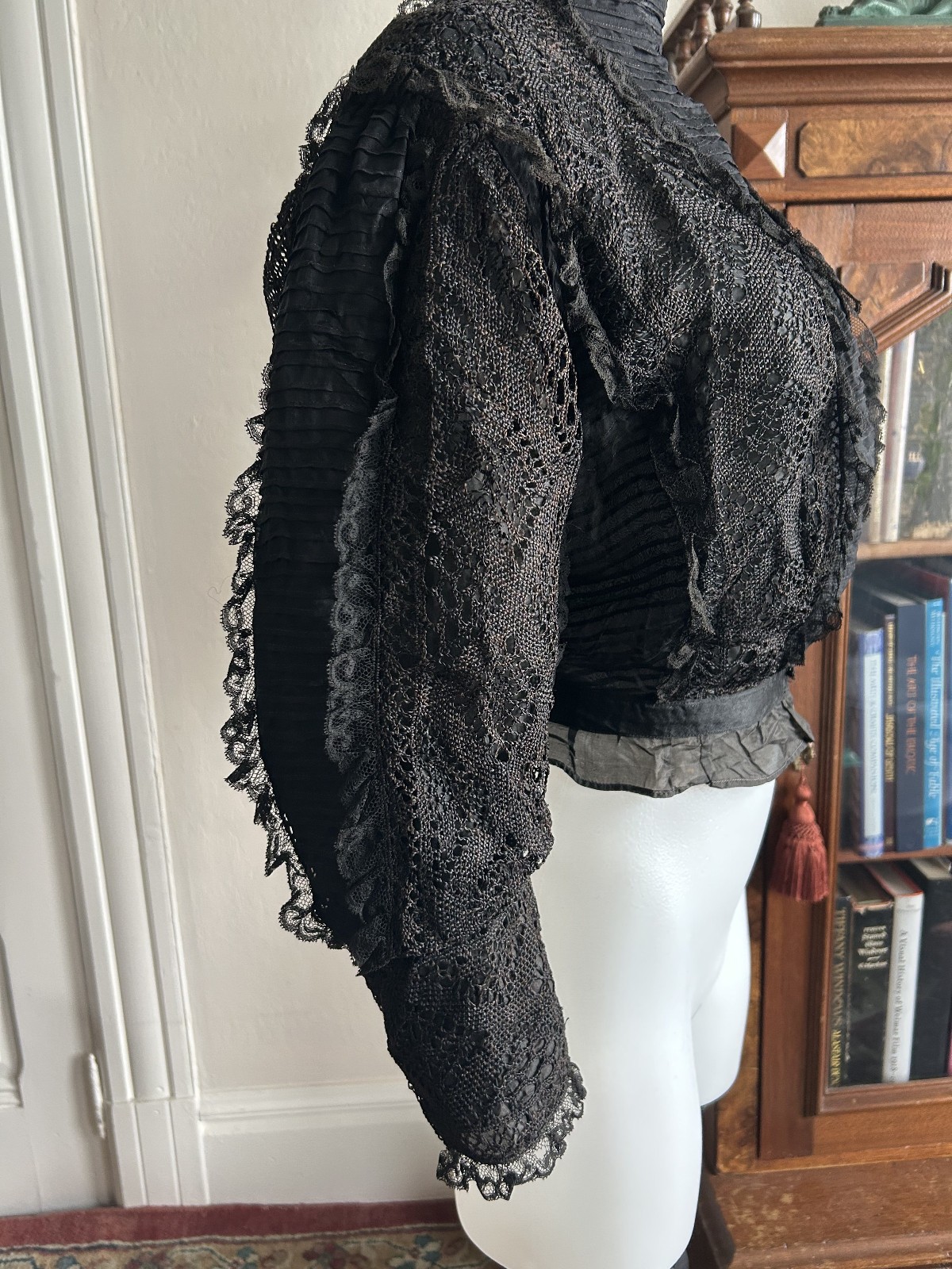 1890s Lace Black Victorian Blouse High Neck Antique Bodice Mourning Gothic XS