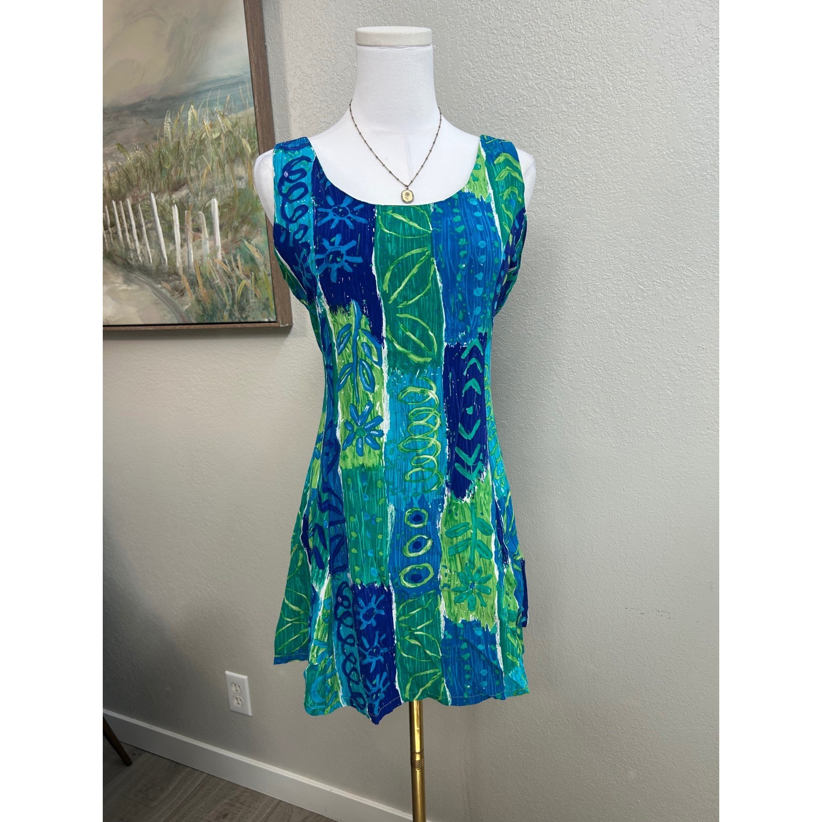 Y2K Blue Green Abstract Print Mini Dress Tie Back Tropical Artsy Size M