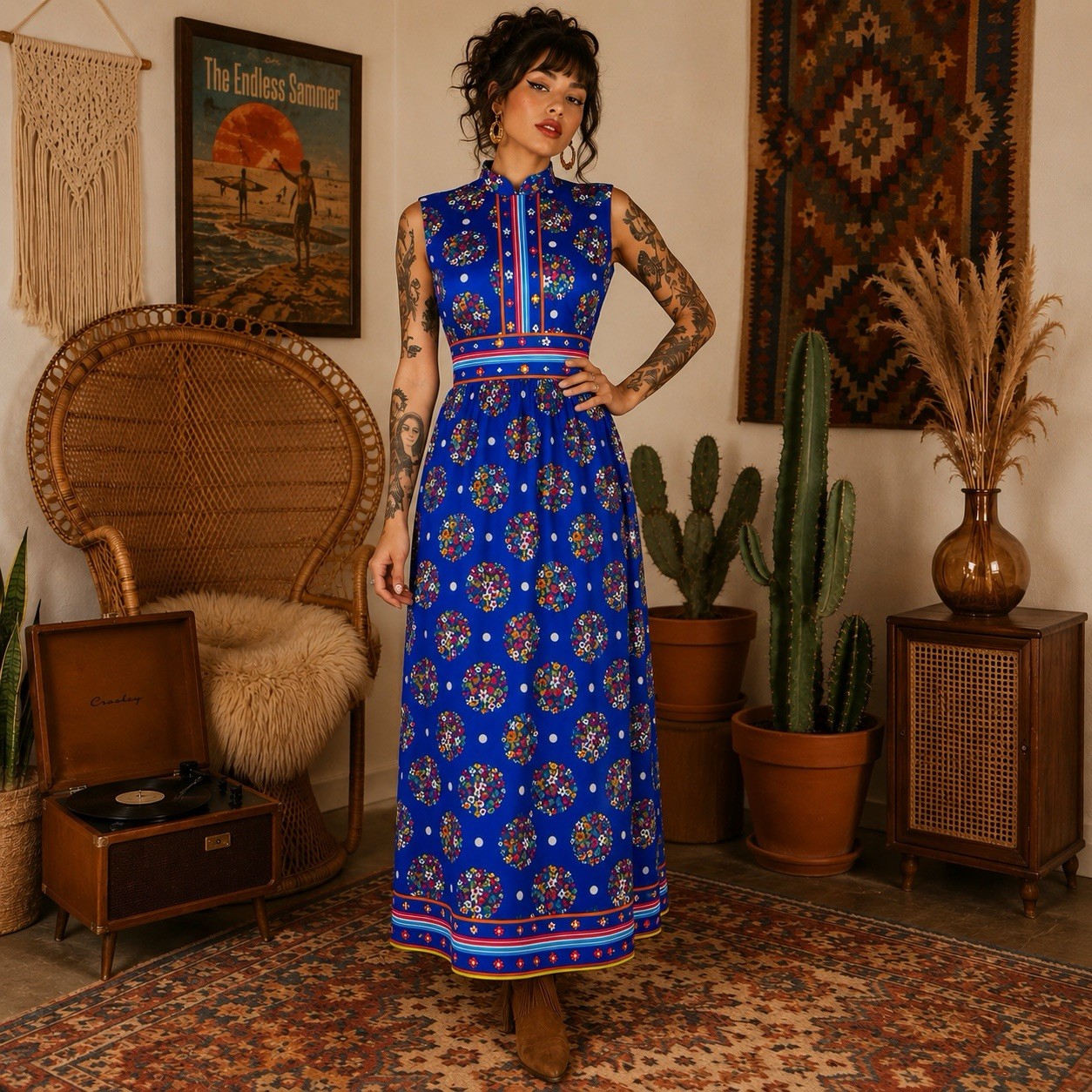 Vintage 70’s Blue Floral Maxi Dress Size Small MOD Boho Twee Sleeveless Dopamine