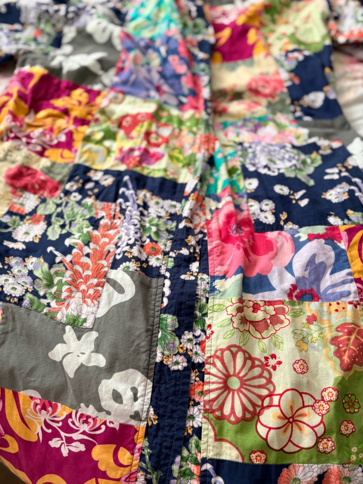 Vintage Style Patchwork Floral Kimono Robe Maxi Jacket Colorful Lined Large/XL