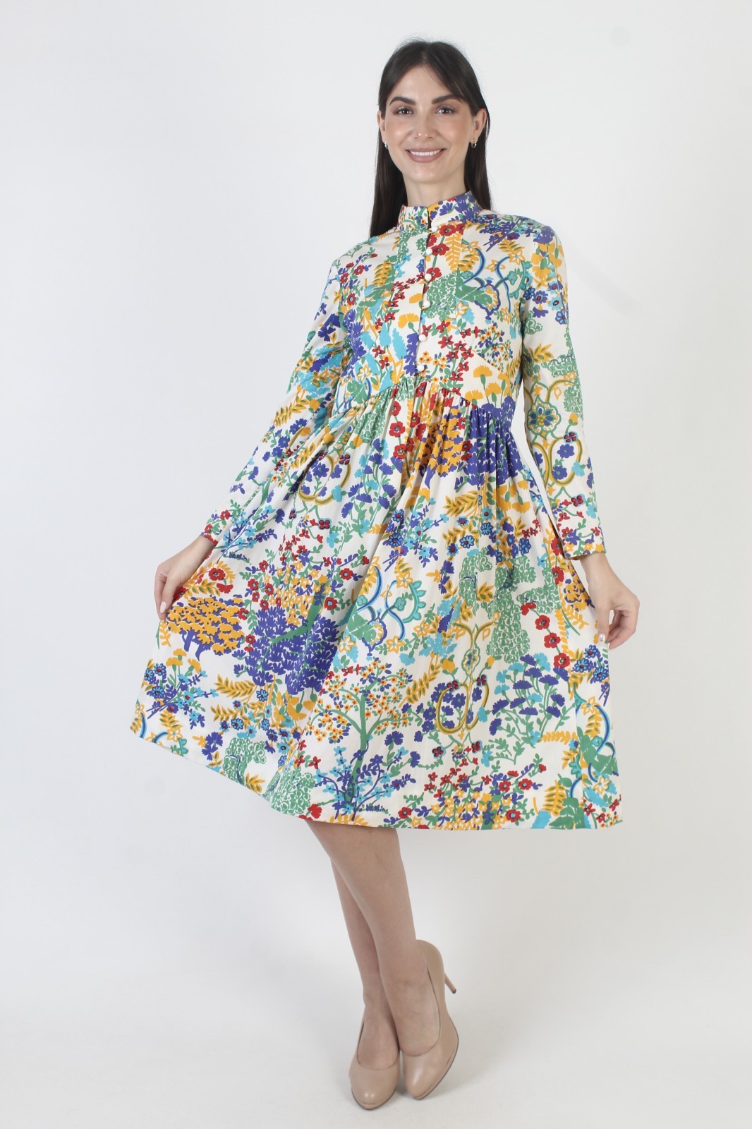 Vintage Bonwit Teller Dress Bright Floral Print Cocktail Party Tea Length Skirt