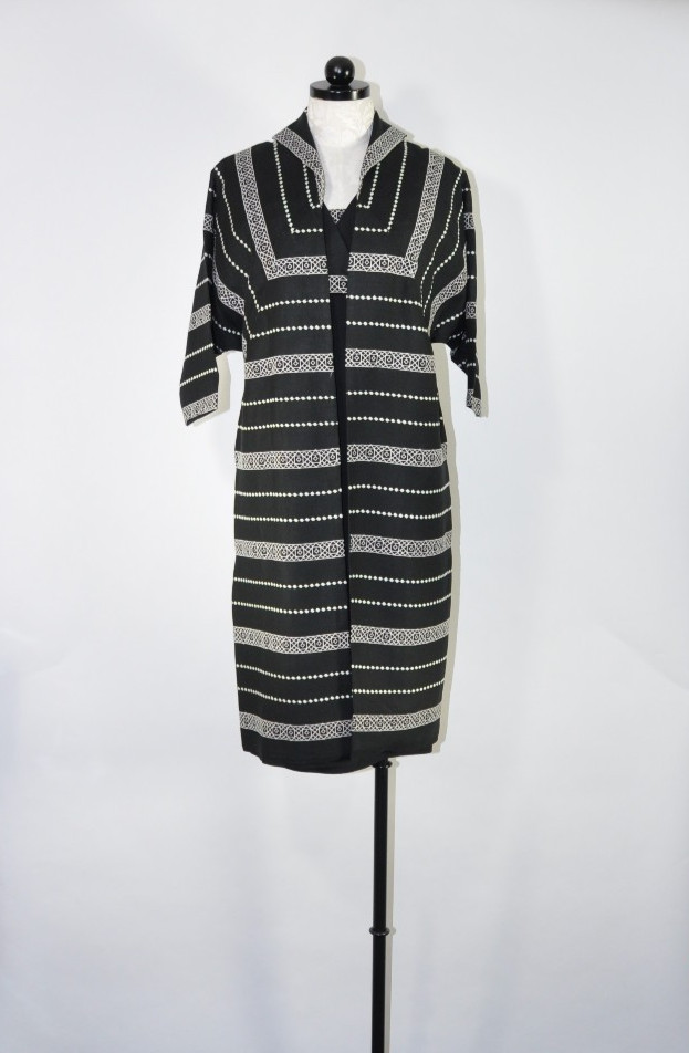 VTG 1950s Lilli Diamond Black White Embroidery Two Piece Coat Pencil Dress Set S