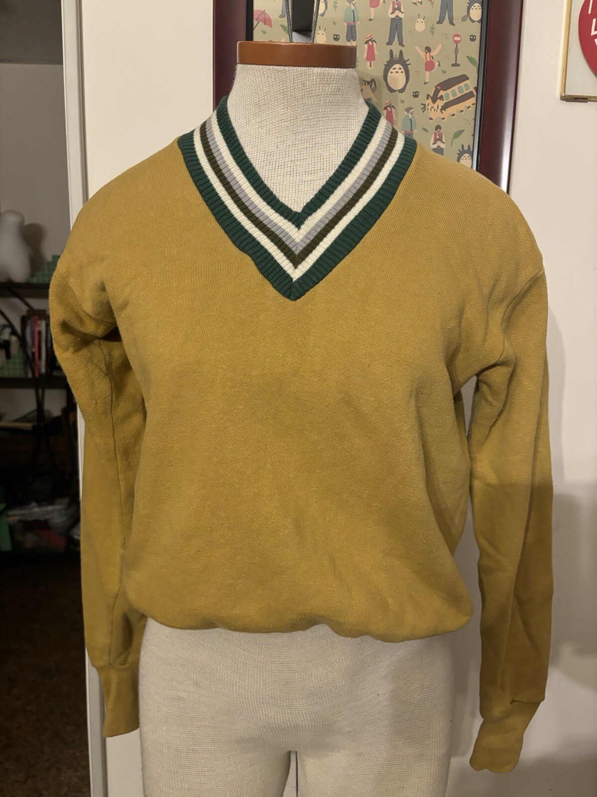 VINTAGE: Collegiate Stripe V-Neck 100% COTTON Sweatshirt *SZ. S/M (YELLOW-GREEN)