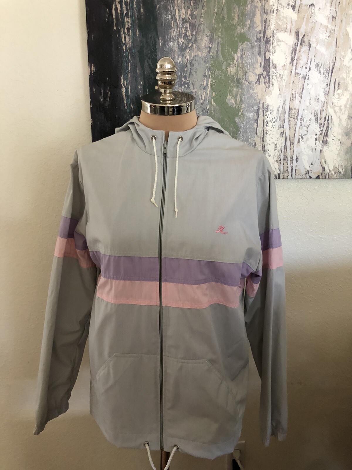 Vintage Hobie Windbreaker Jacket Striped Surfing Hooded 80s R3 Women’s SIZE LRG