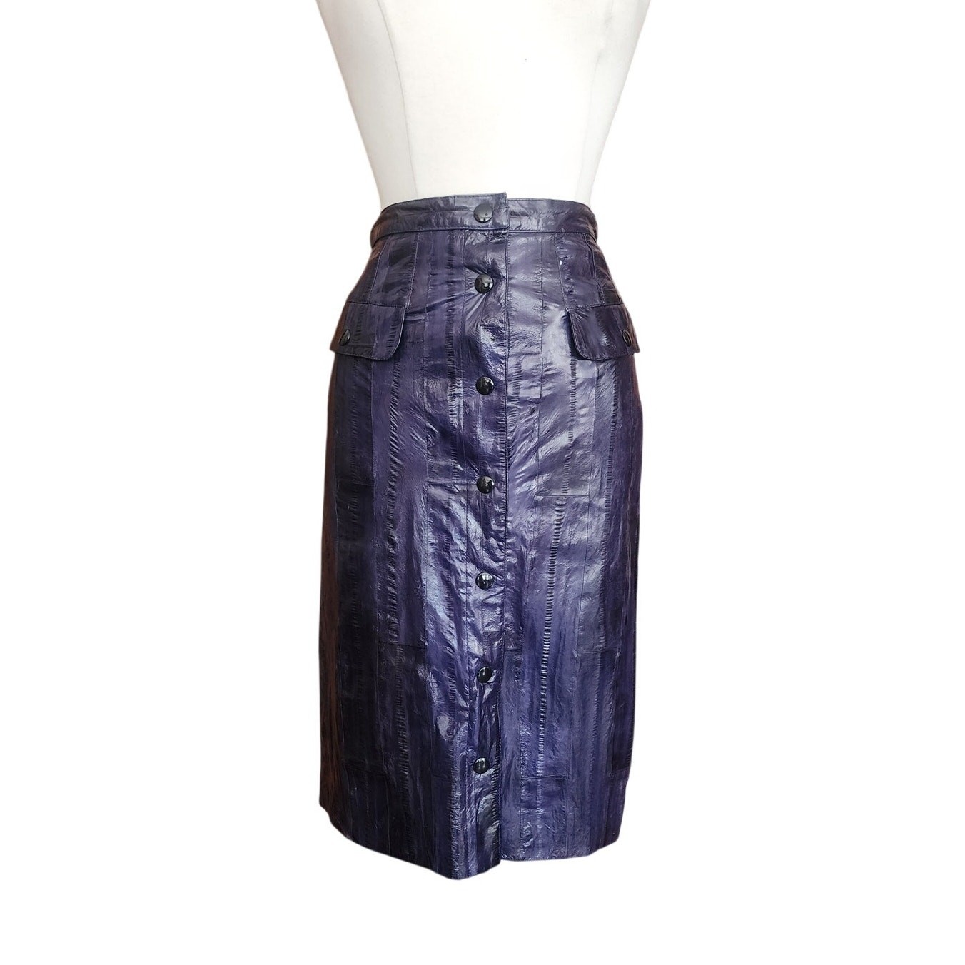 Vintage 80s Krizia Skirt Purple Eel Skin Leather Snap Front Midi Pencil IT 40