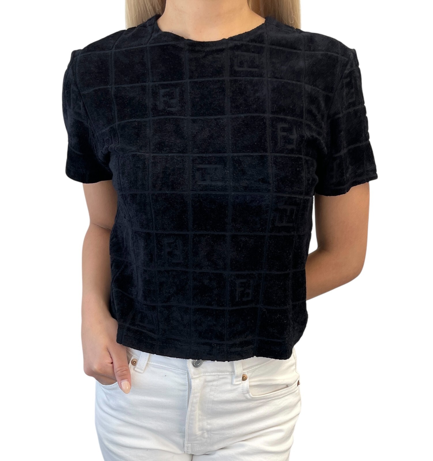 FENDI Vintage FF Logo Velour Short Sleeve Top #46 Black Rayon T-shirt
