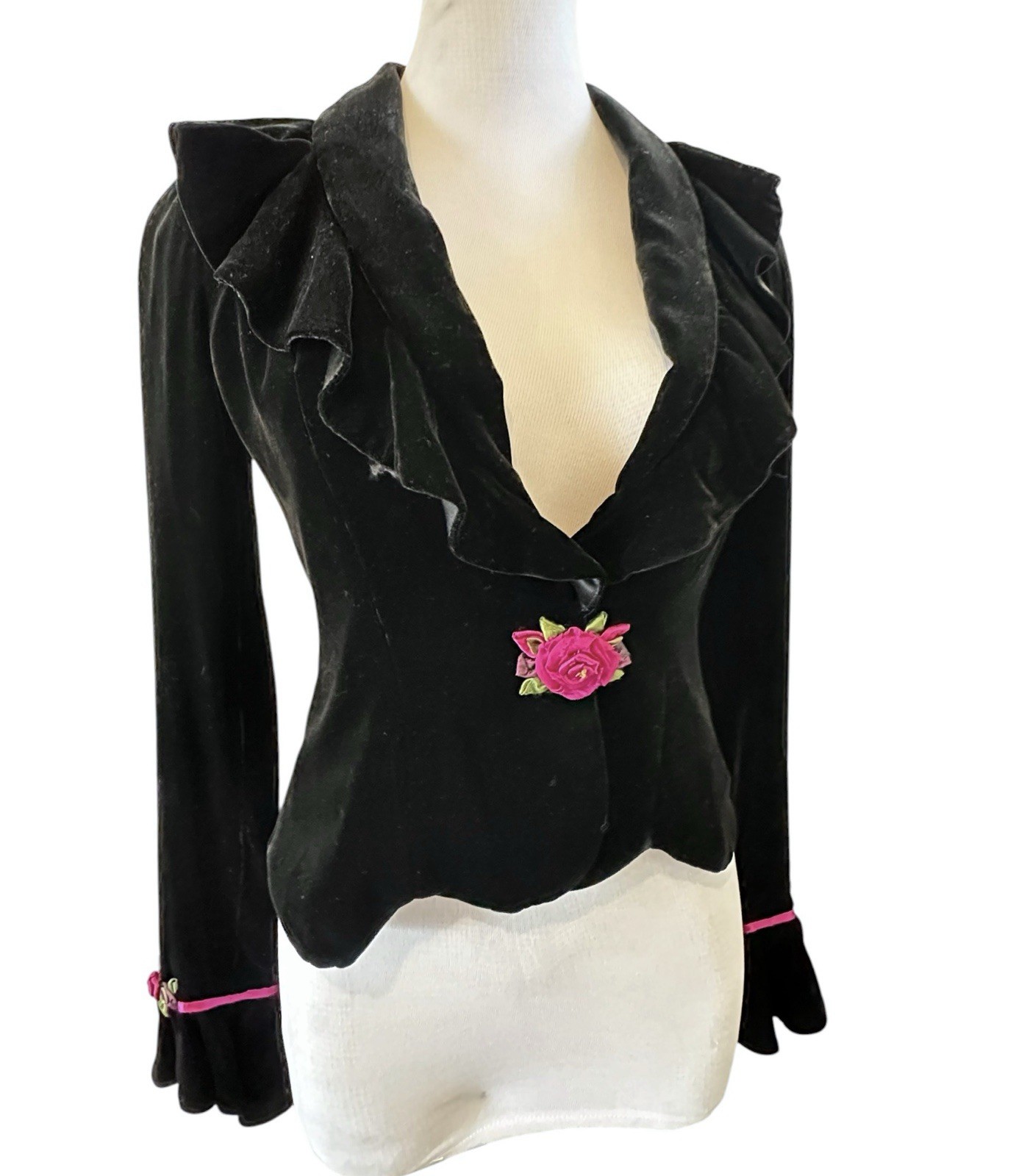 Vtg 90s Black Silk Blend Velvet Ruffle Blazer Jacket Rose Appliqué XS 2-4