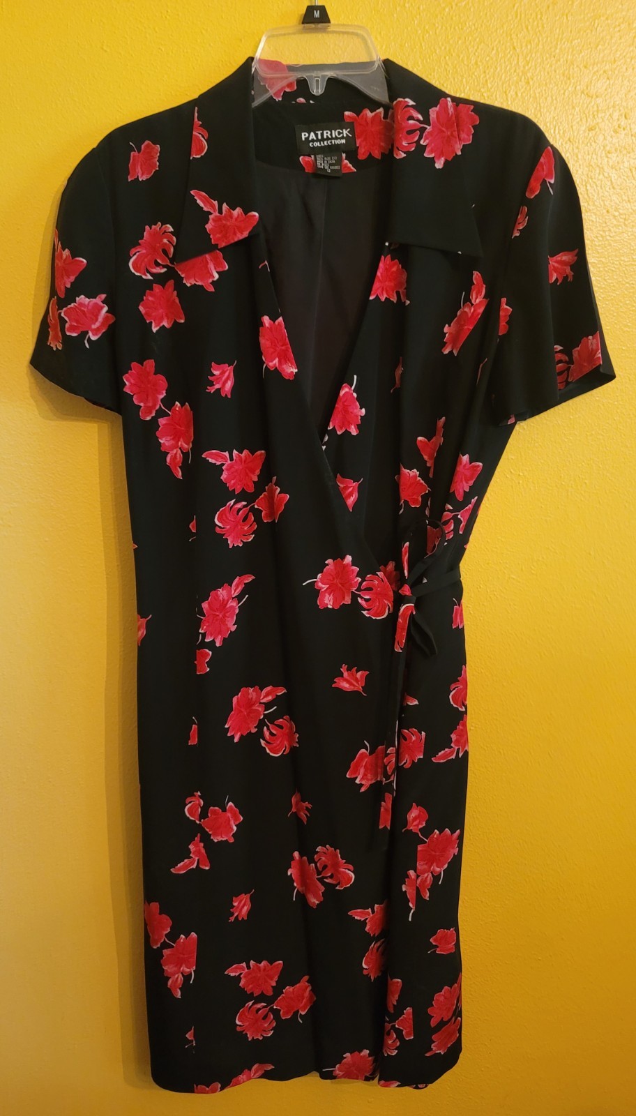 Vintage 90s Patrick Collection Silk Dress Black Pink Floral Wrap Classic Size 12