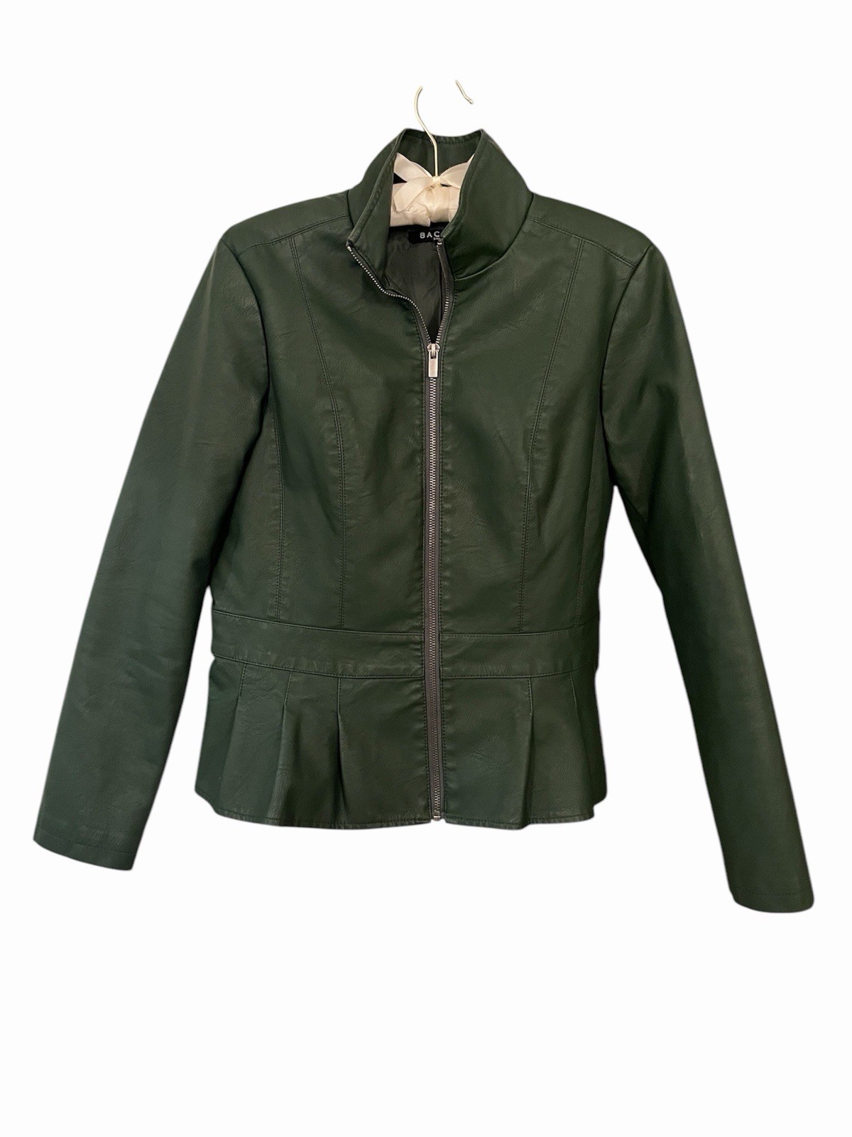 Vintage Forest Green Vegan Leather Moto Biker Jacket-Flattering-Fully Lined-Med