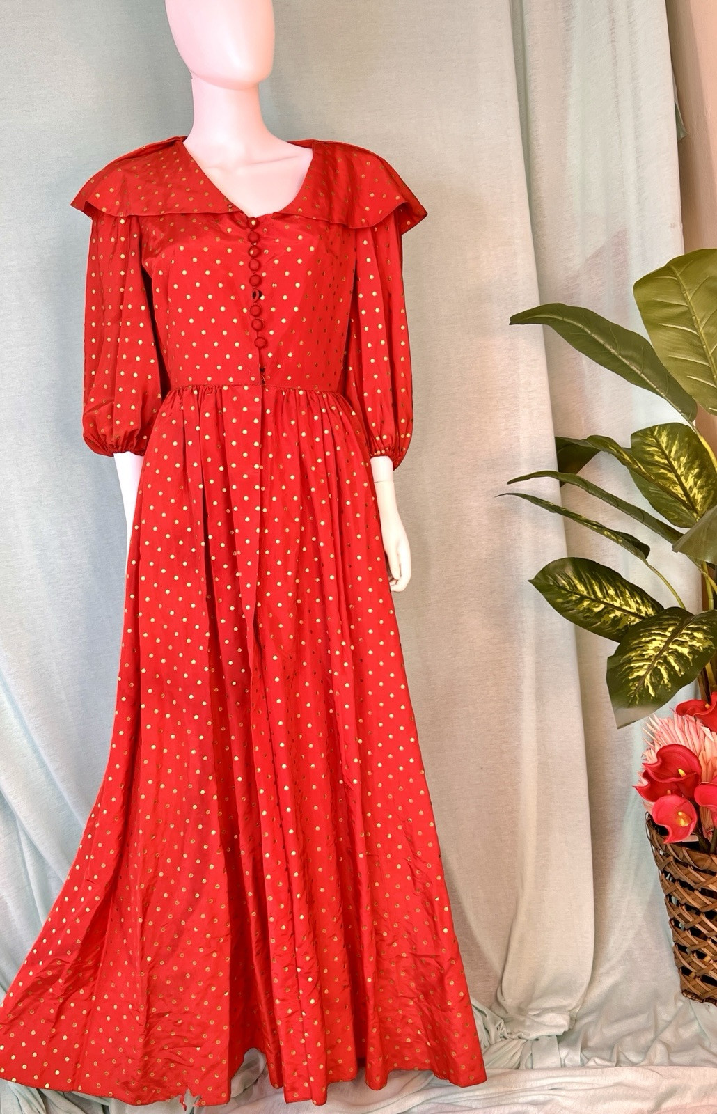 Vintage 1940s Red & Gold Polka Dot Flobert Maxi Formal Dress, 38 bust, 27 waist