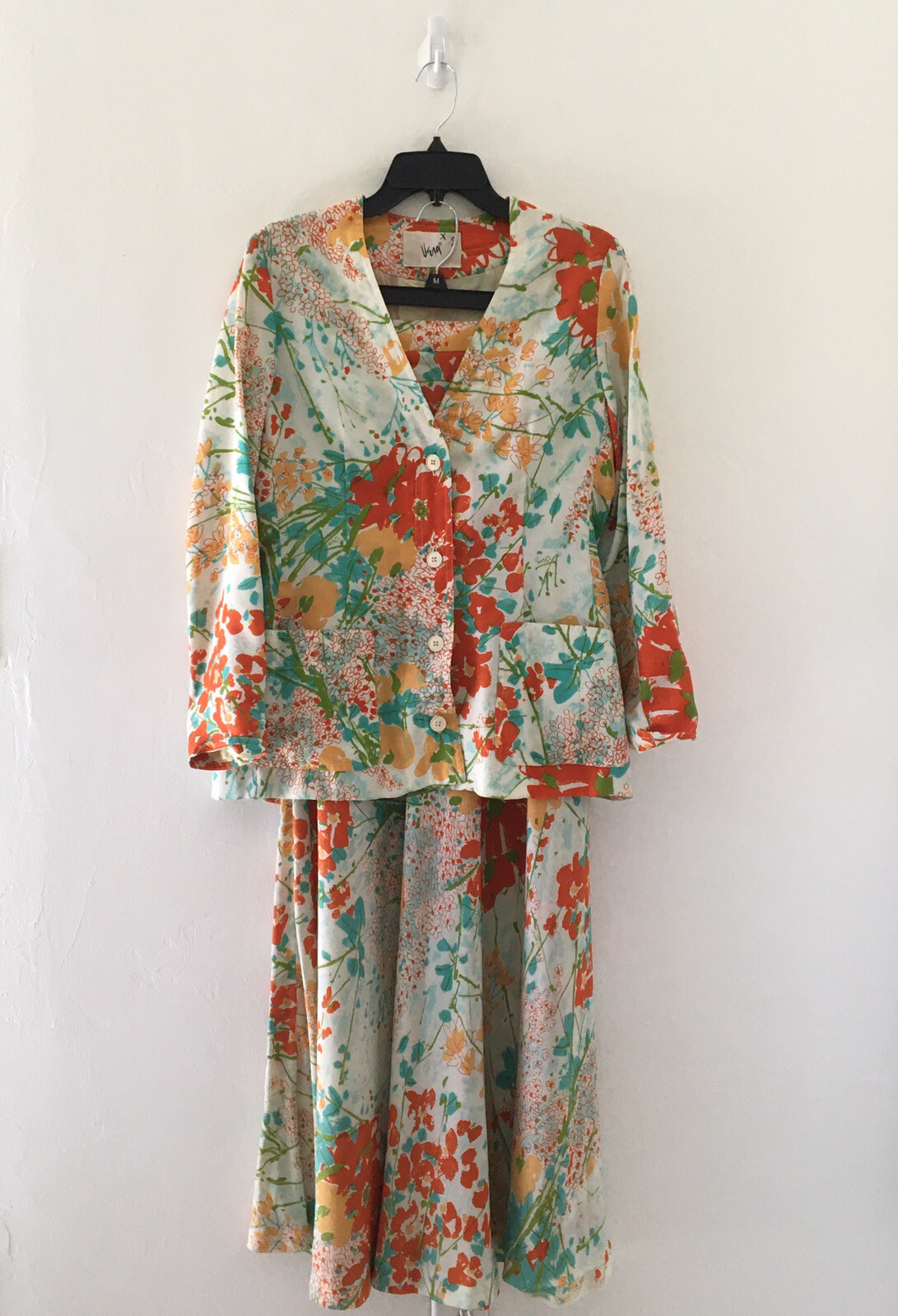 70s VERA NEUMANN 2-PC Skirt & Blazer Floral Pattern Vintage Sz 12