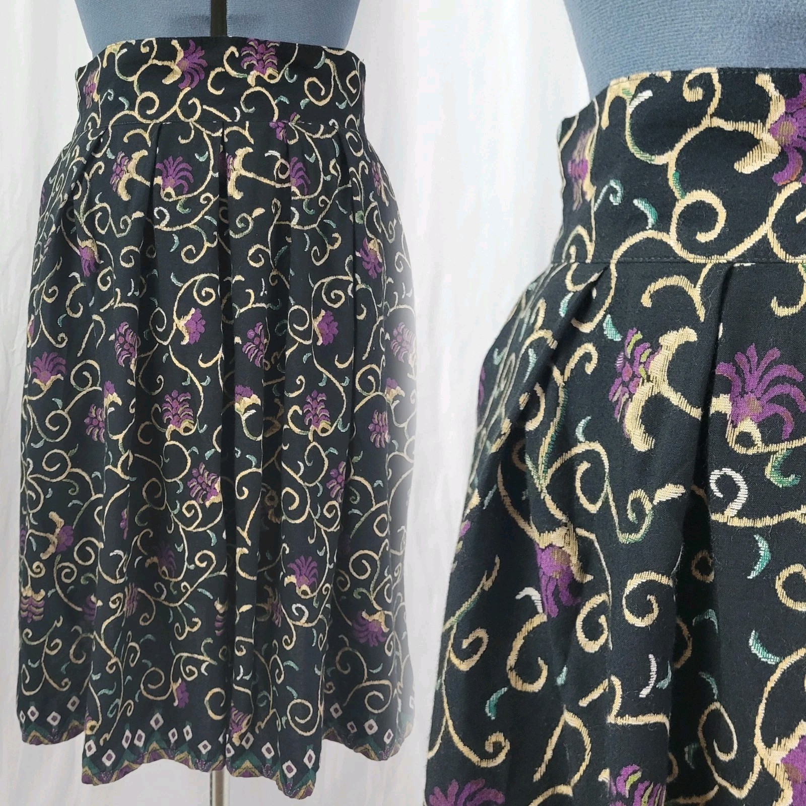 Vintage Sharon Anthony Black Skirt w Purple/Beige Floral Pattern Size 12