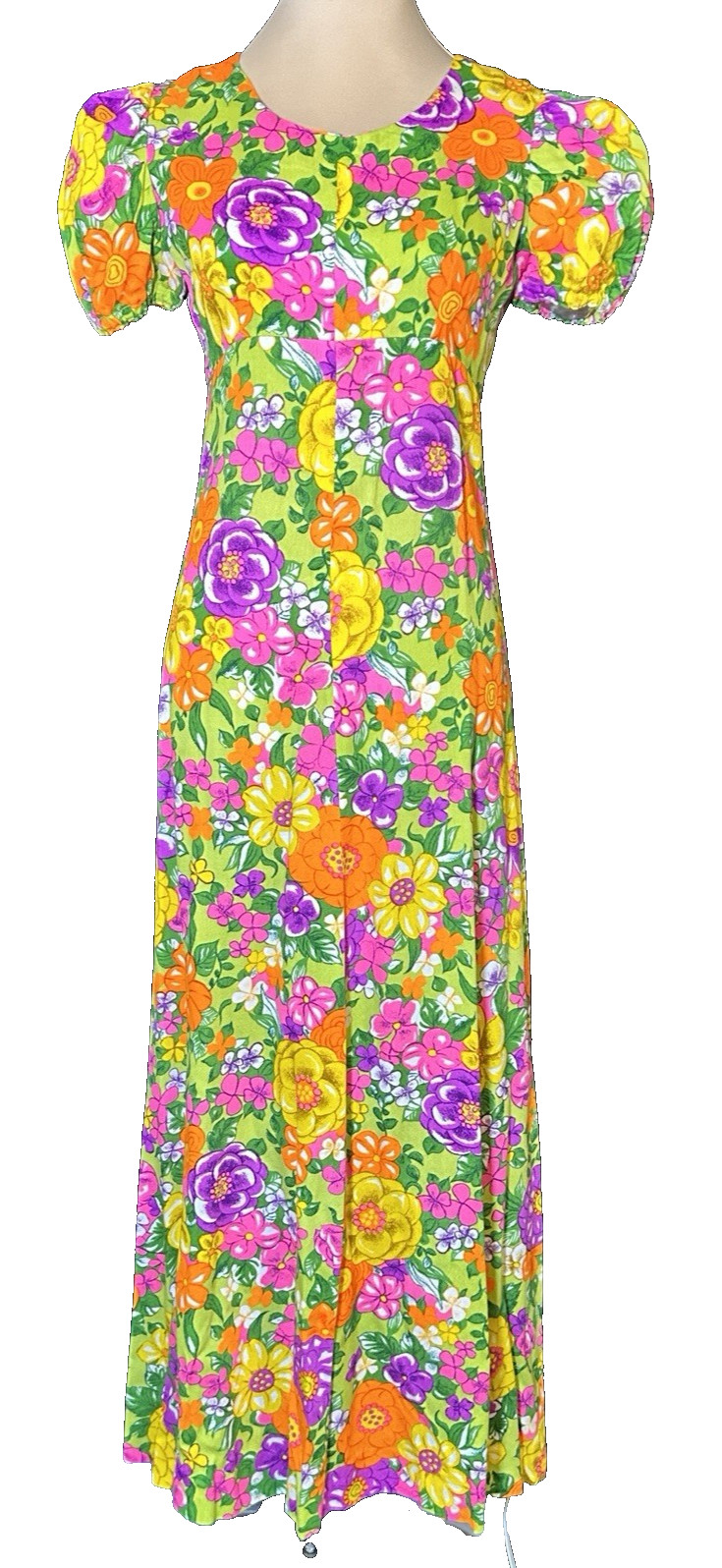 Vintage Day Glo Floral Barkcloth Midcentury Maxi Dress Psychedelic MOD Artsy
