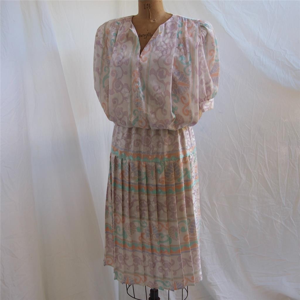 vtg 80s PERCEPTIONS Floral Pleated Skirt Elastic Waist Dress ILGWU Secretary 7/8