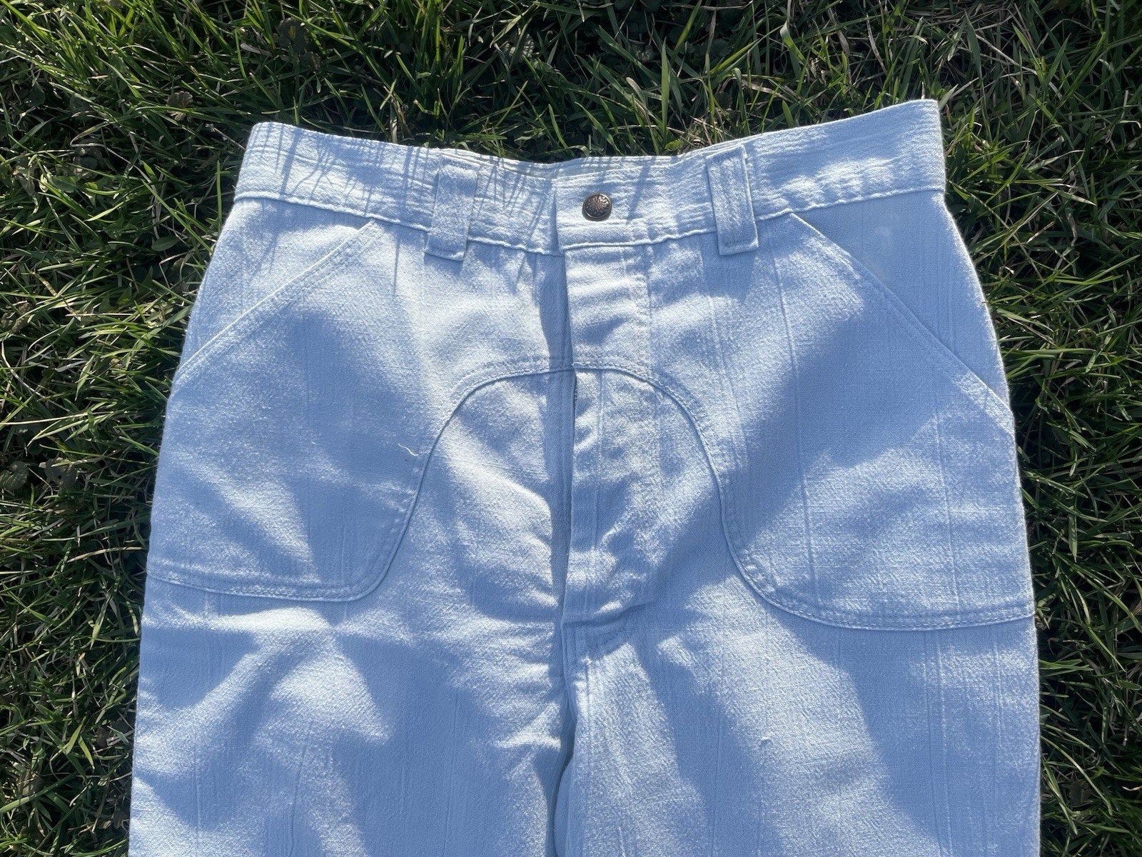 VTG 70s Rumble Seats by Wilkins Light Blue Bell Bottom Pants Distressed 29×30