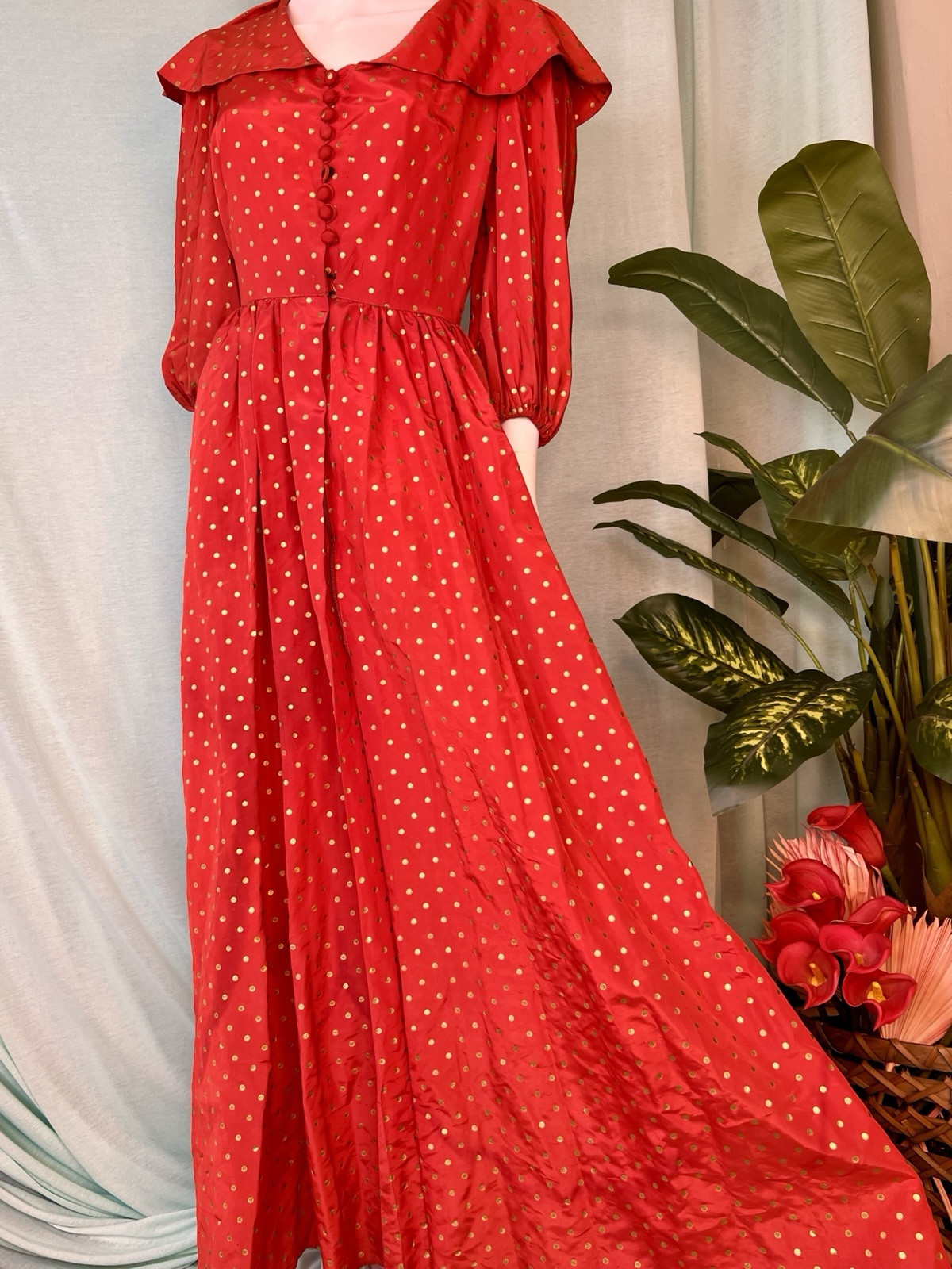 Vintage 1940s Red & Gold Polka Dot Flobert Maxi Formal Dress, 38 bust, 27 waist