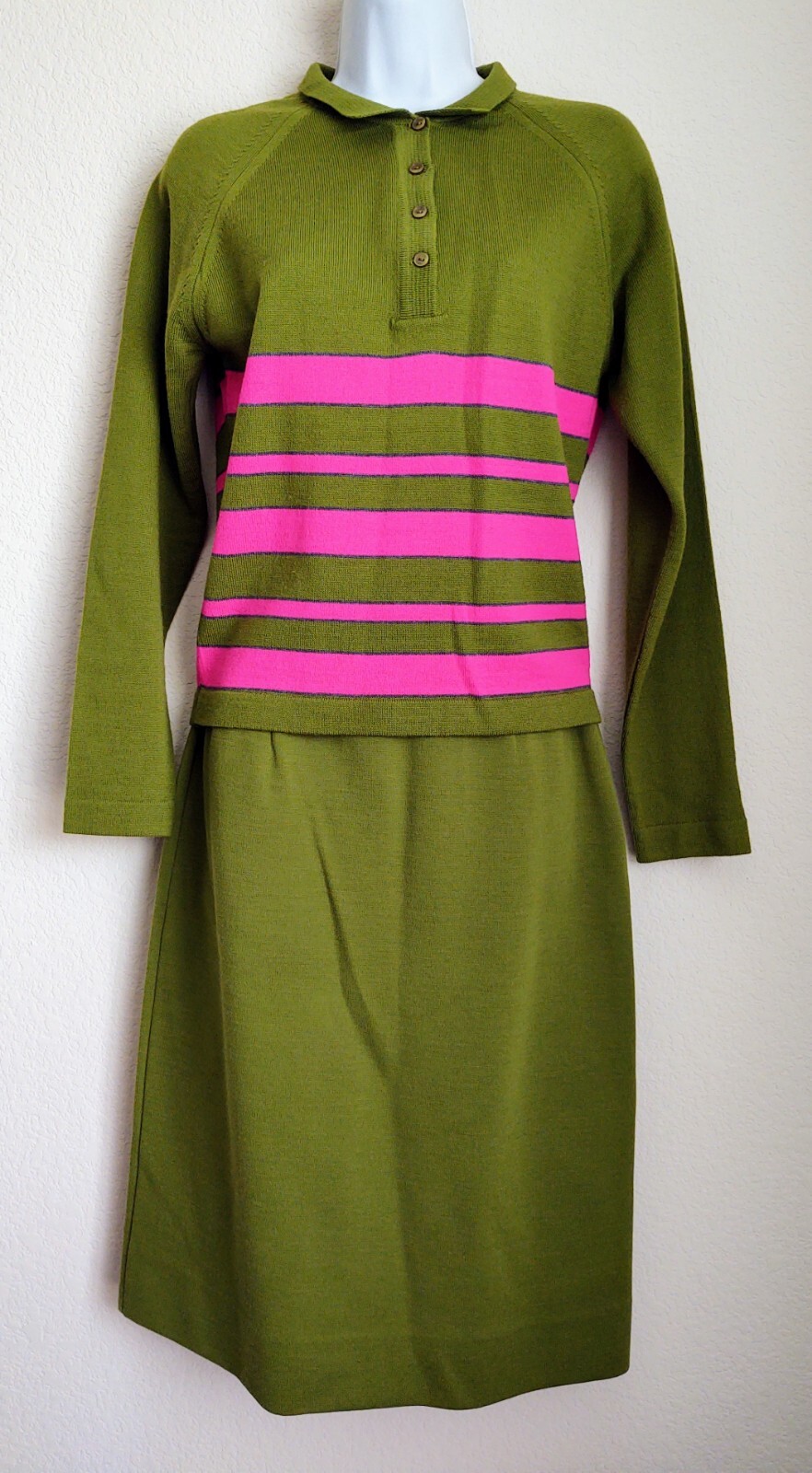 Sportissimo Wool Long Sleeve Skirt Set Vintage 1960 Green Hot Pink Size 14 ILGWU