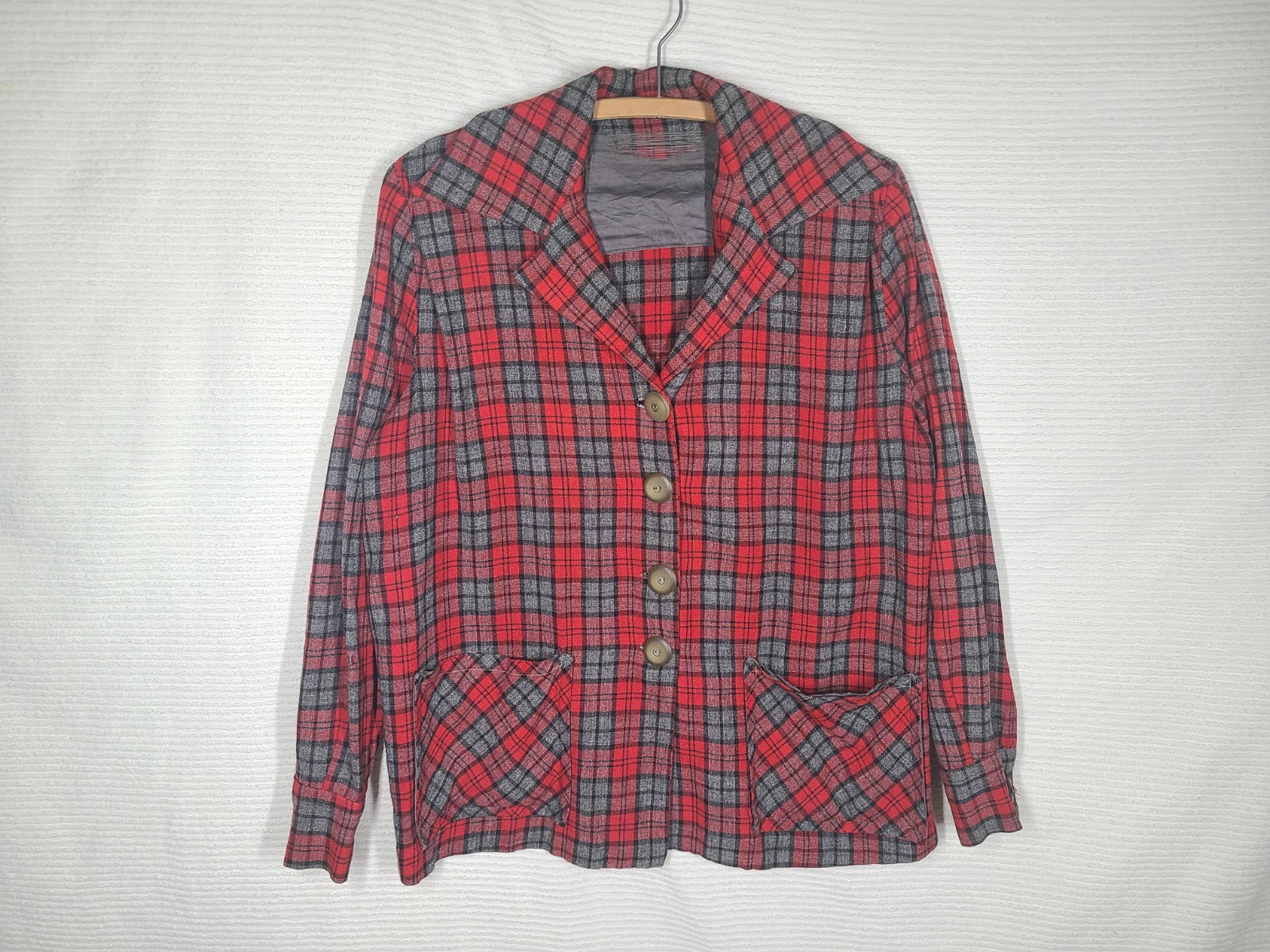 Vtg 50s Wool 49er Barn Jacket Gray Windowpane Plaid Hand Detailed L XL Worn