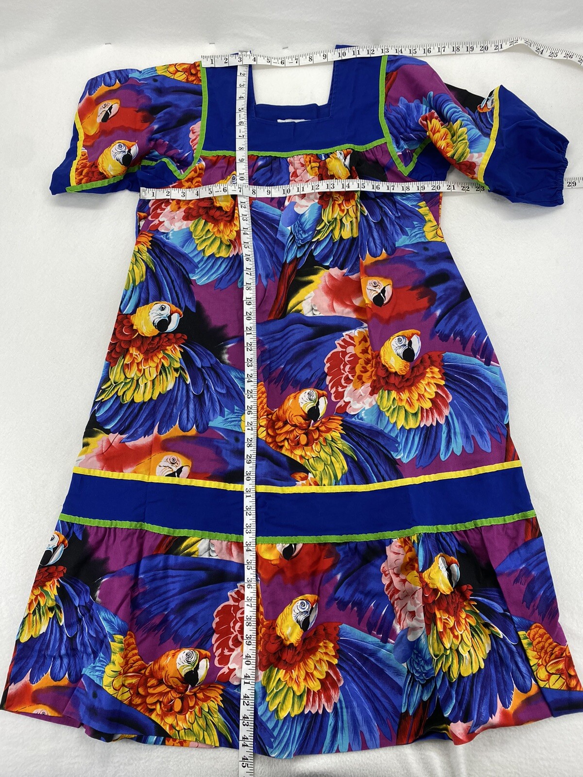 Vintage Krist Gudnason Blue Red Parrot Print MuMu Kaftan Dress Tiki Bird Rare M