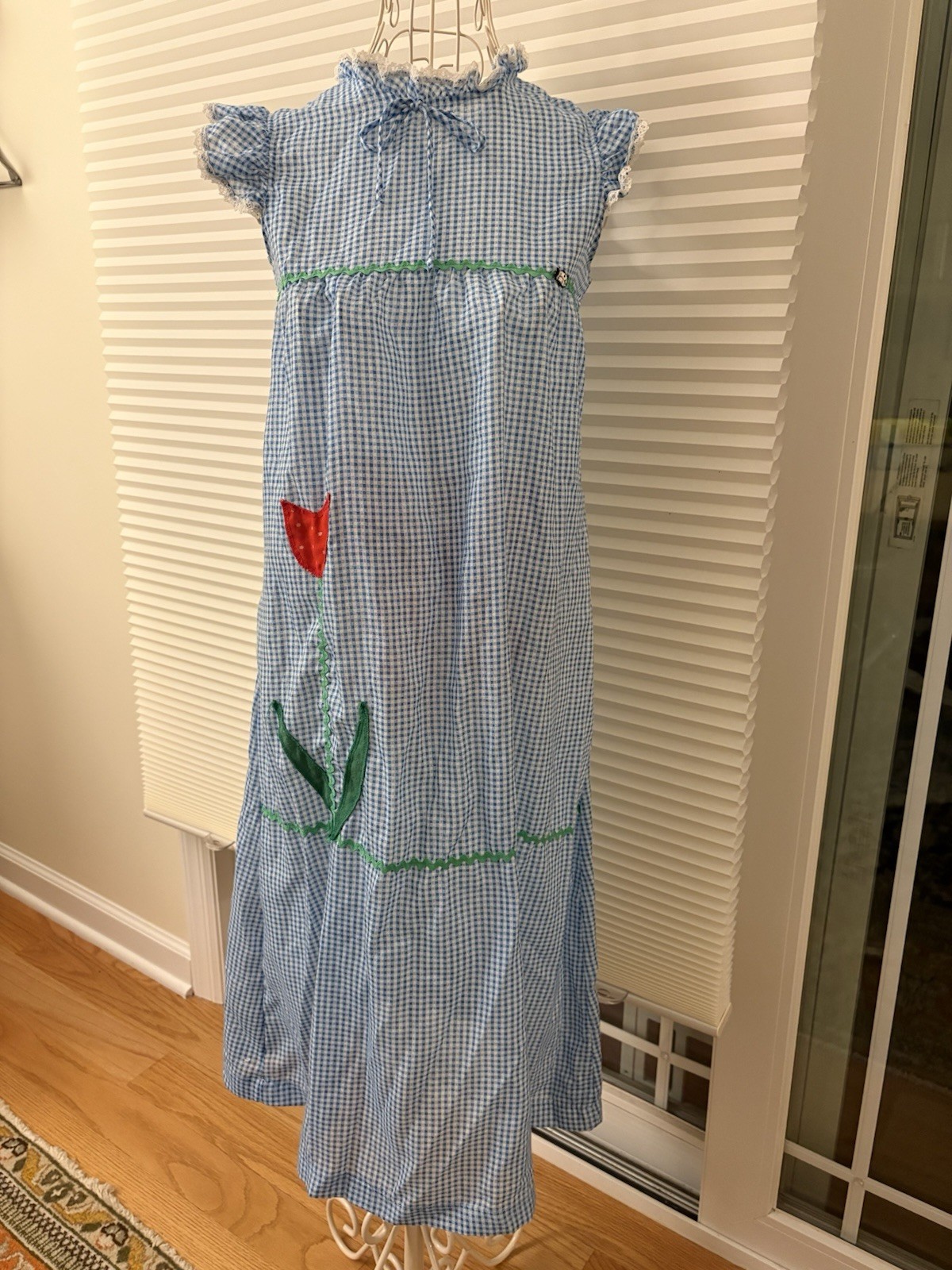 Vintage Late 70’s Gingham Flower Appliqué Nightgown Dress, Girls Size 12