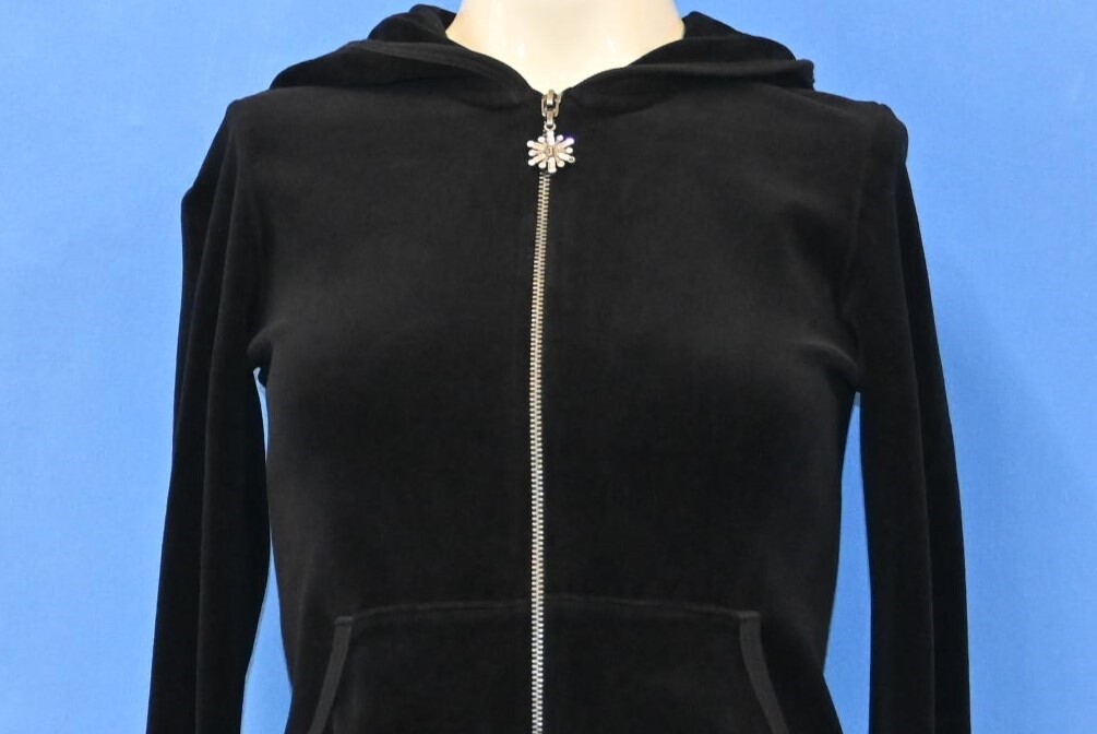 vtg Y2K JUICY COUTURE BLACK VELOUR VELVET HOODED ZIPPER TRACK JACKET WOMEN’S XS