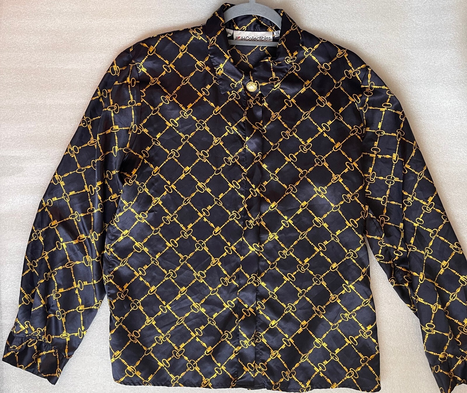 VINTAGE JH COLLECTIBLES NAVY & GOLD KEY PRINT BLOUSE, WOMEN’S 12