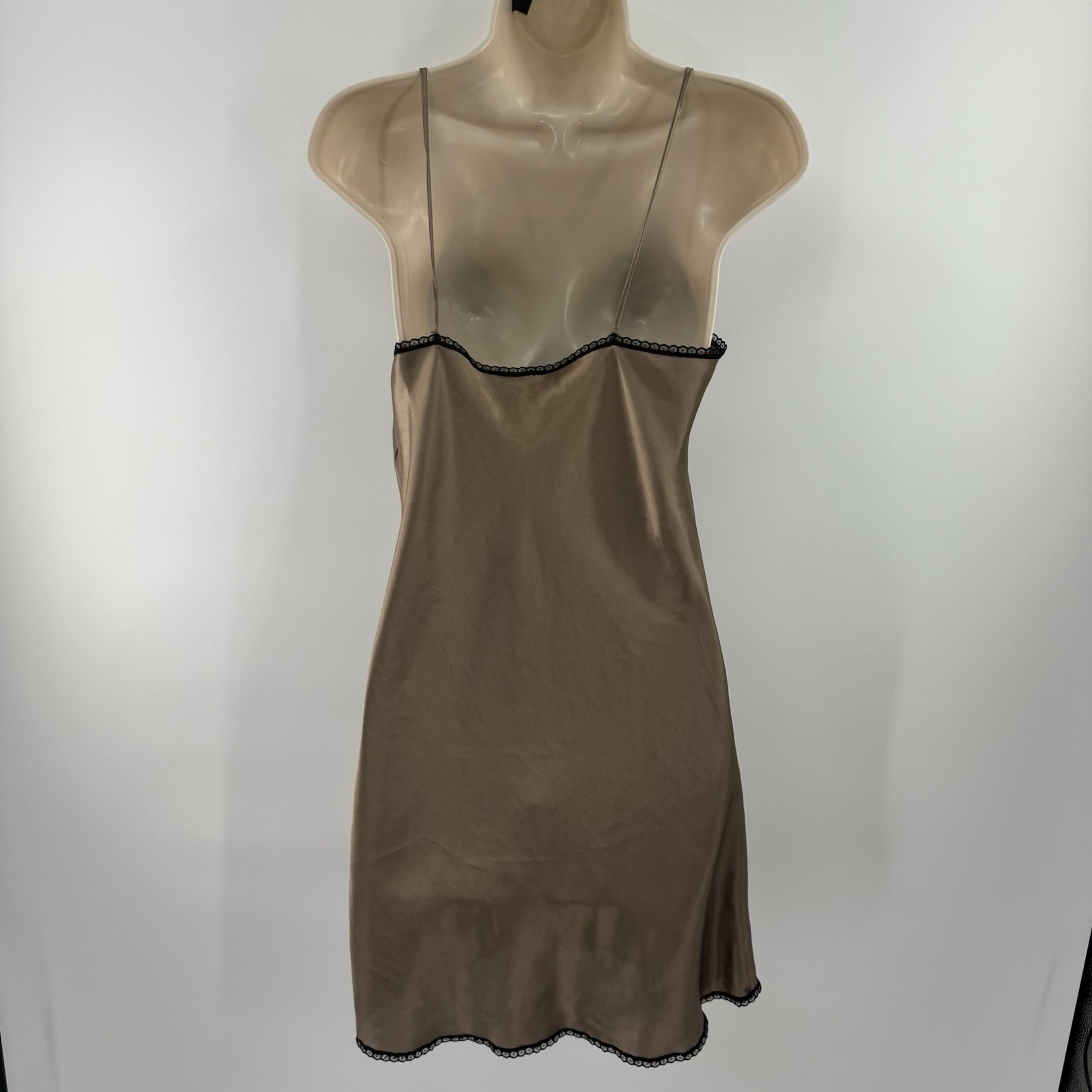 Vintage Pollinaise Satin Slip Dress Brown with Black Lace Floral USA Size M (P1)