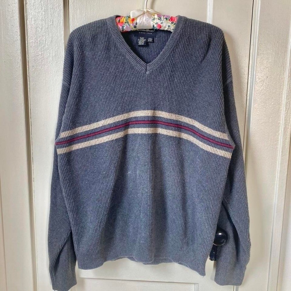 Vintage 90s y2k grey striped sweater grandpa style oversized Size M Eddie Bauer