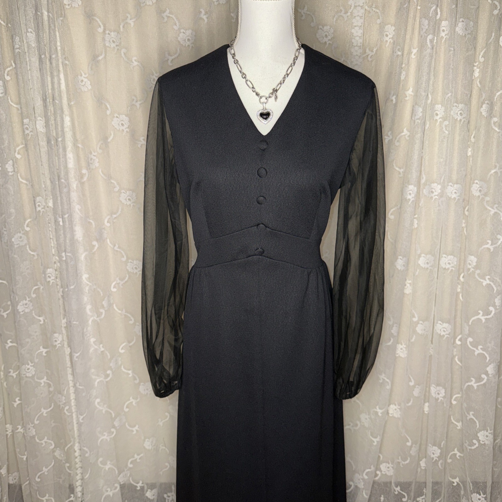 Vintage Puritan Forever Young Long Black Maxi Dress Sheer Sleeves Medium